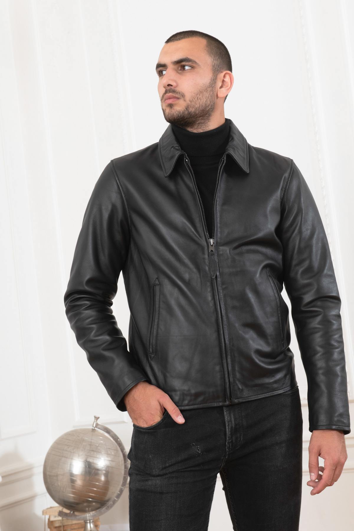 Black leather jacket with shirt collar - Image n°7