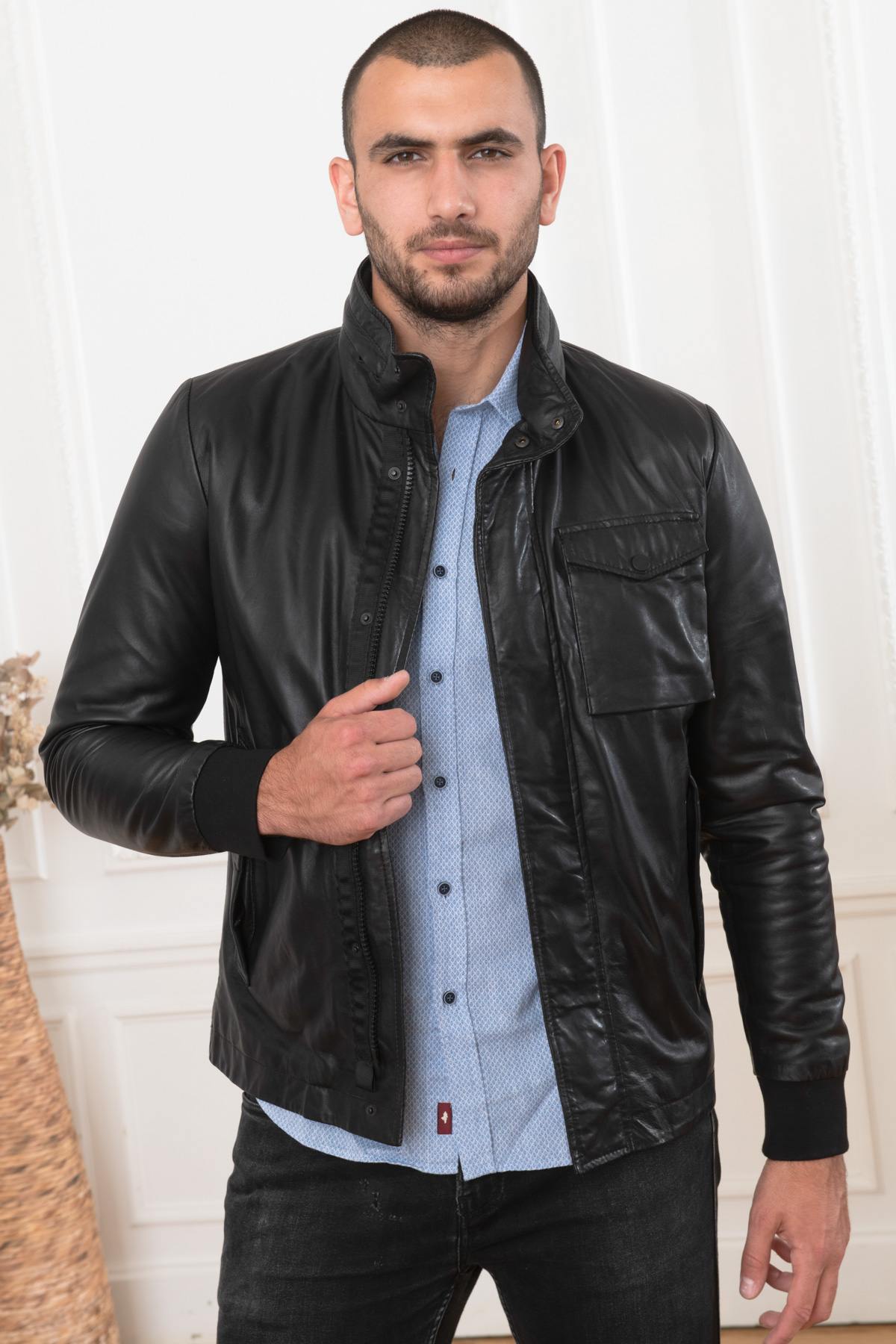 Stand-up collar jacket in black lambskin - Image n°1