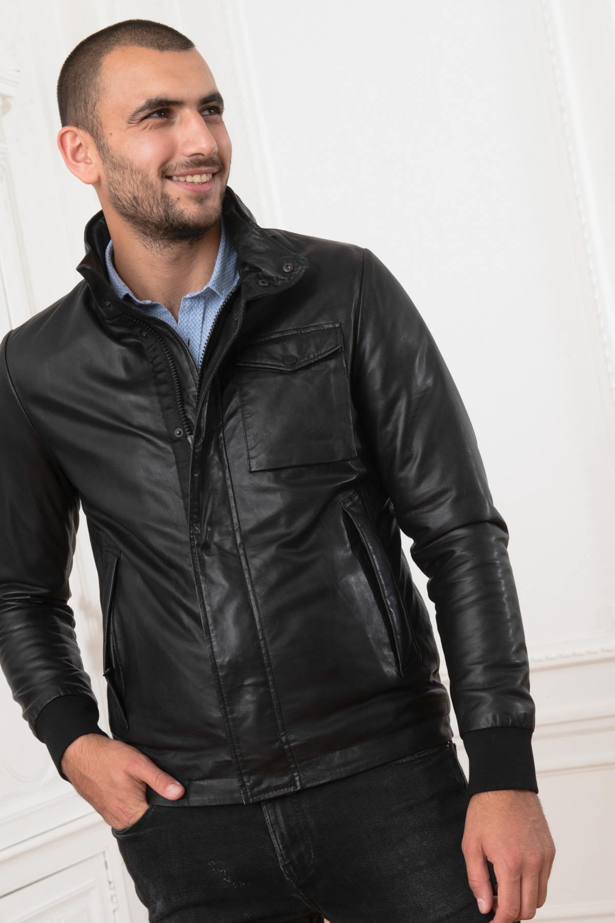 Stand-up collar jacket in black lambskin - Image n°3