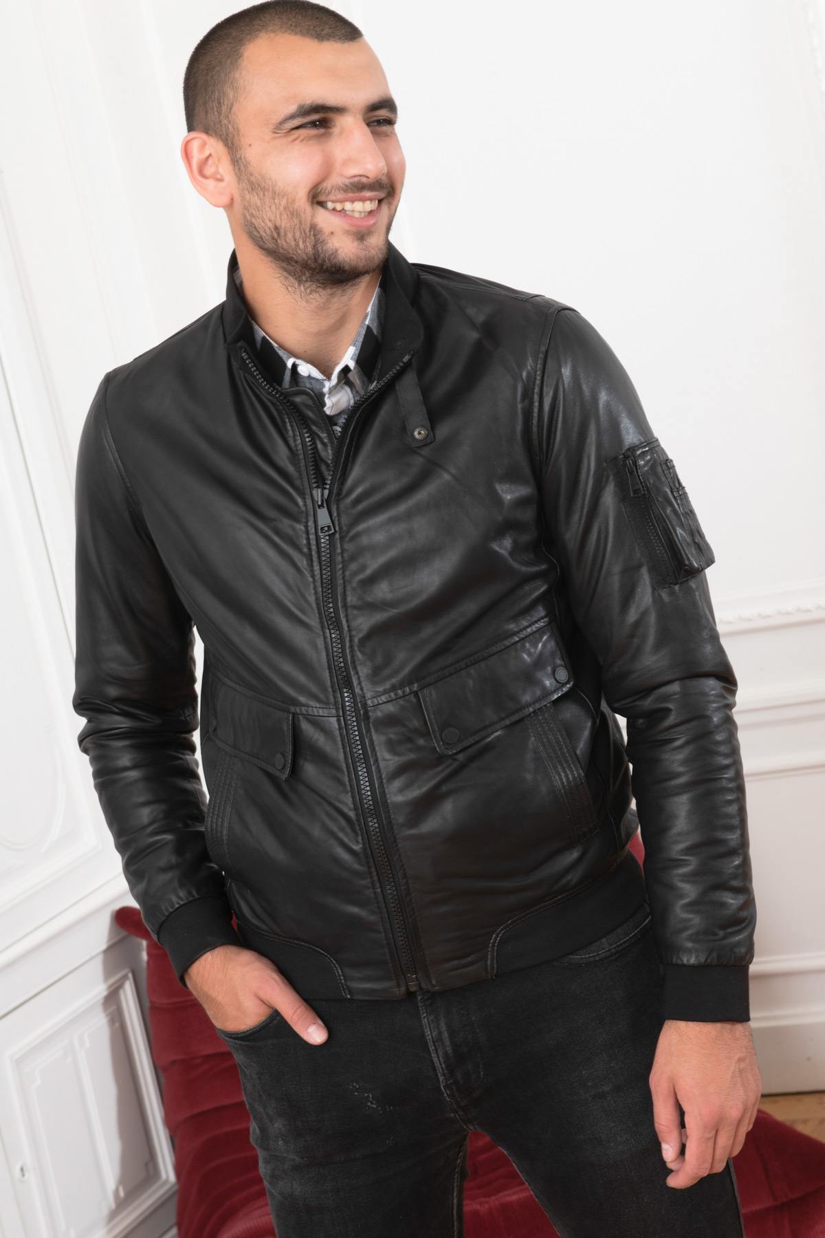 Black bomber leather jacket - Image n°6