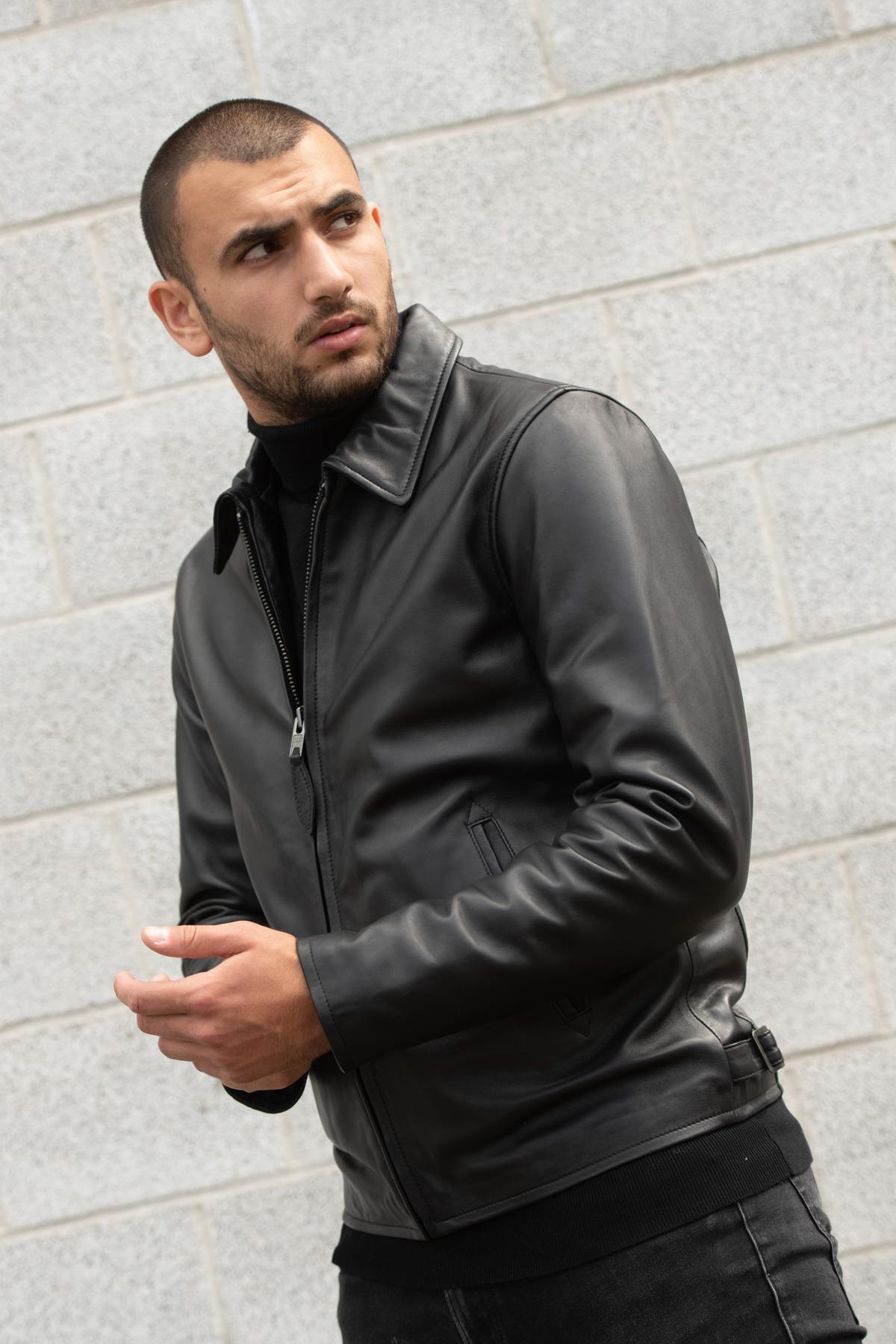 Black leather jacket with shirt collar - Image n°1