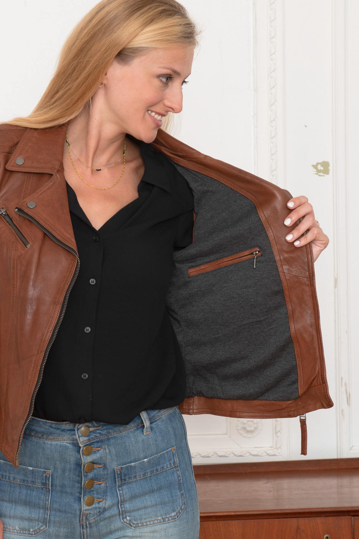 Brown perf style leather jacket - Image n°5