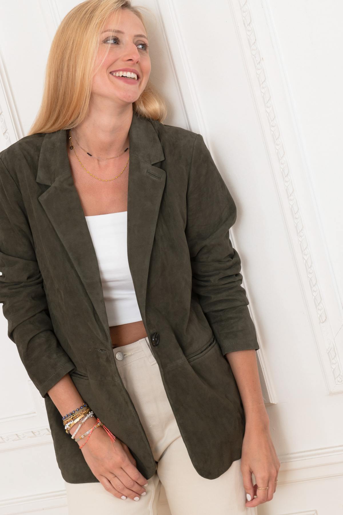 Khaki genuine leather blazer - Image n°6