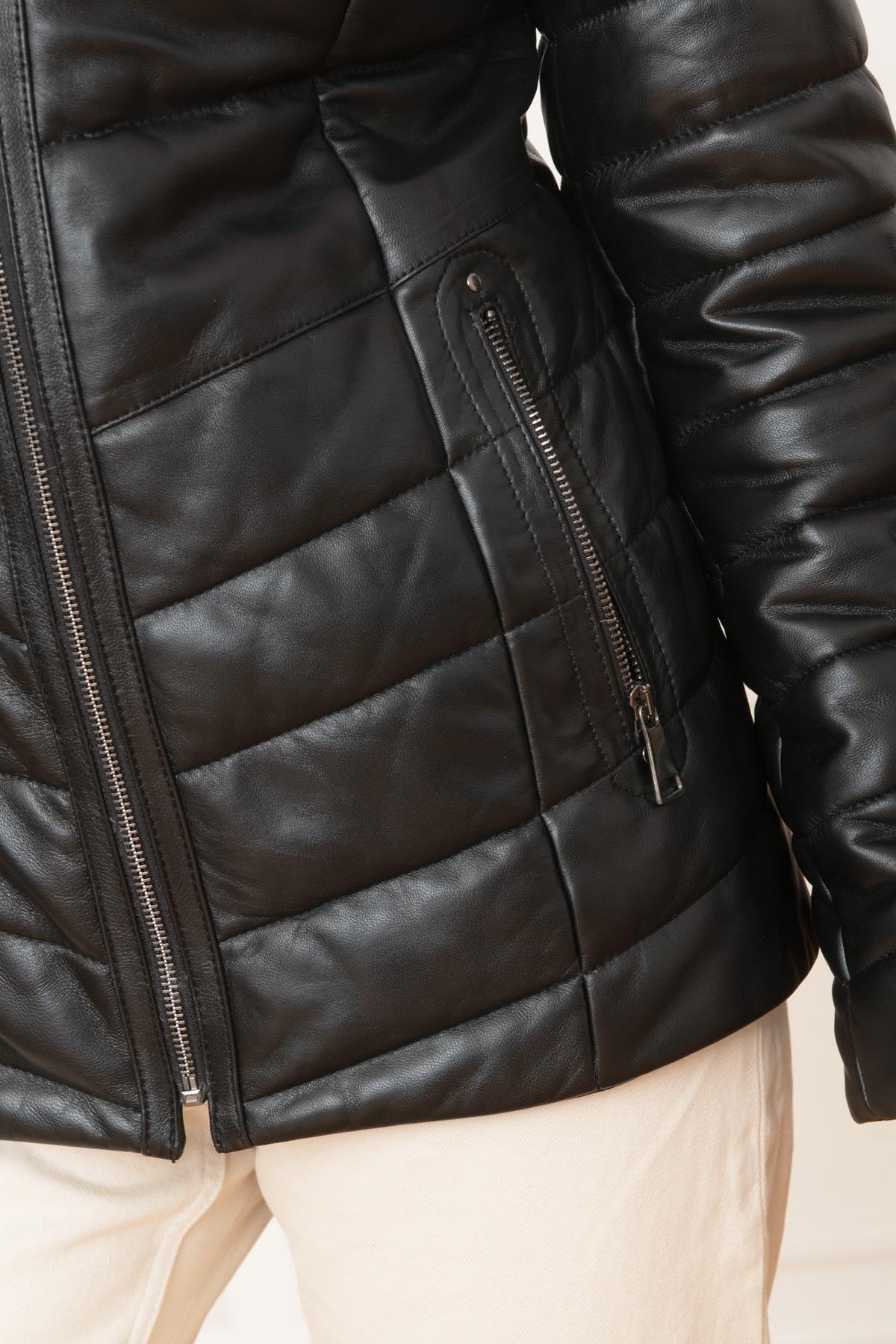 Leather down jacket with fur collar - Image n°8