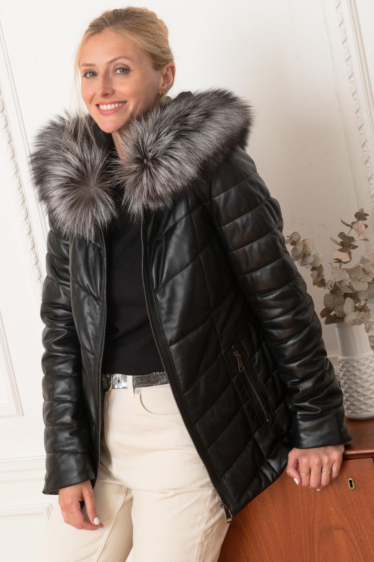 Leather down jacket with fur collar - Image n°3