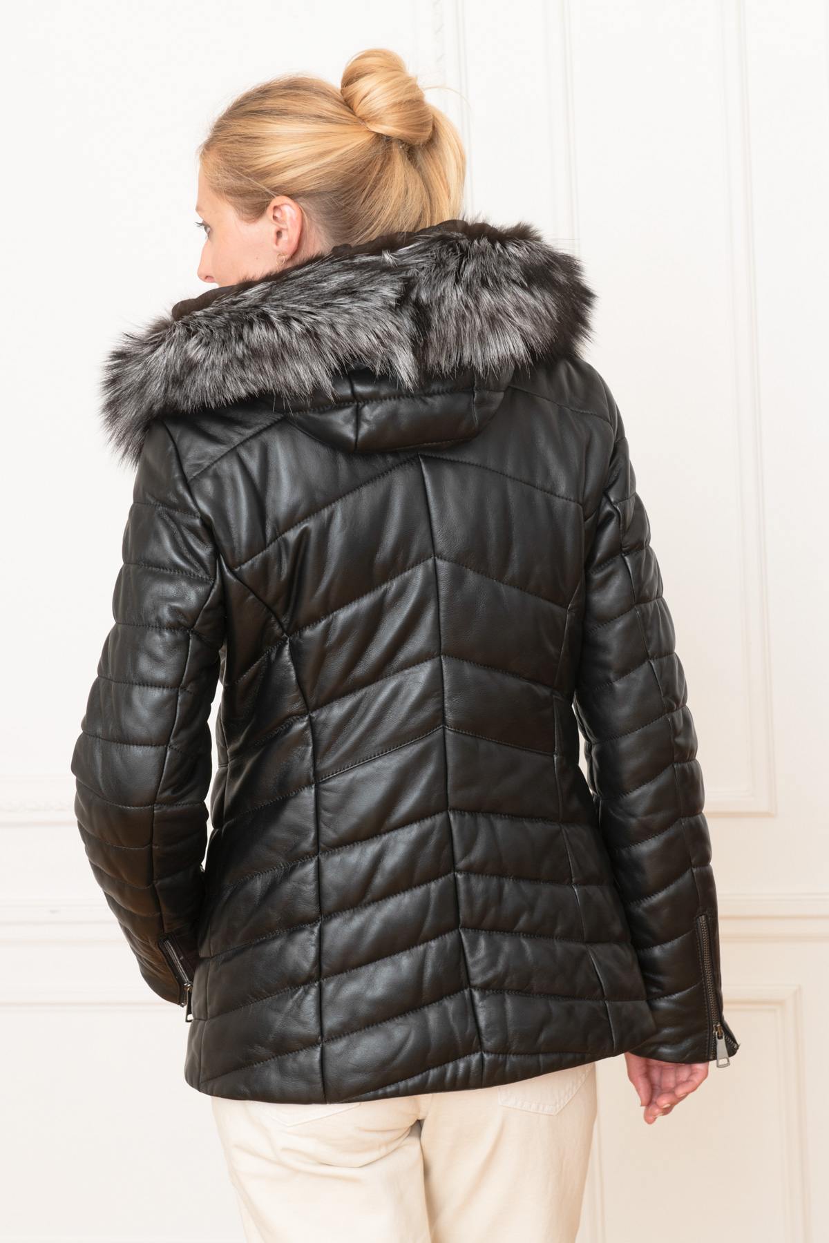 Leather down jacket with fur collar - Image n°5