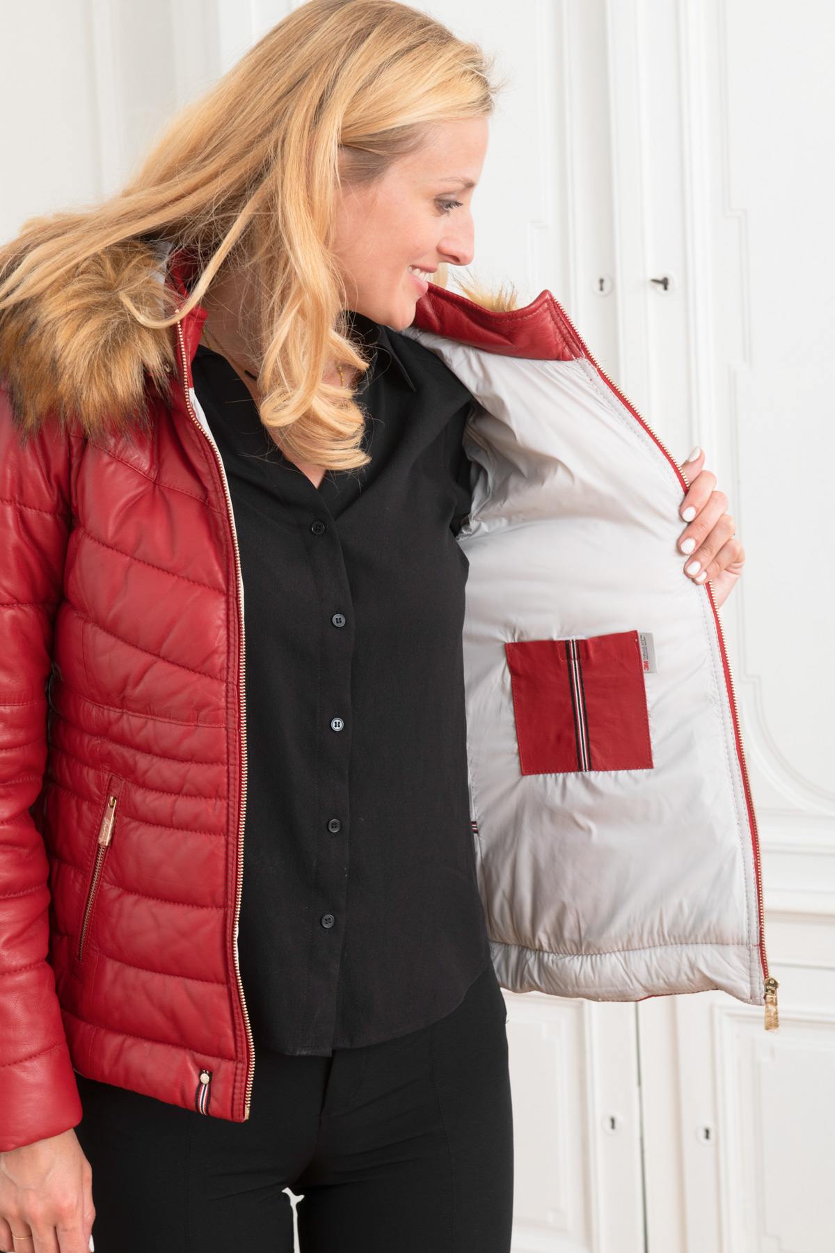 Red leather down jacket with synthetic collar - Image n°5