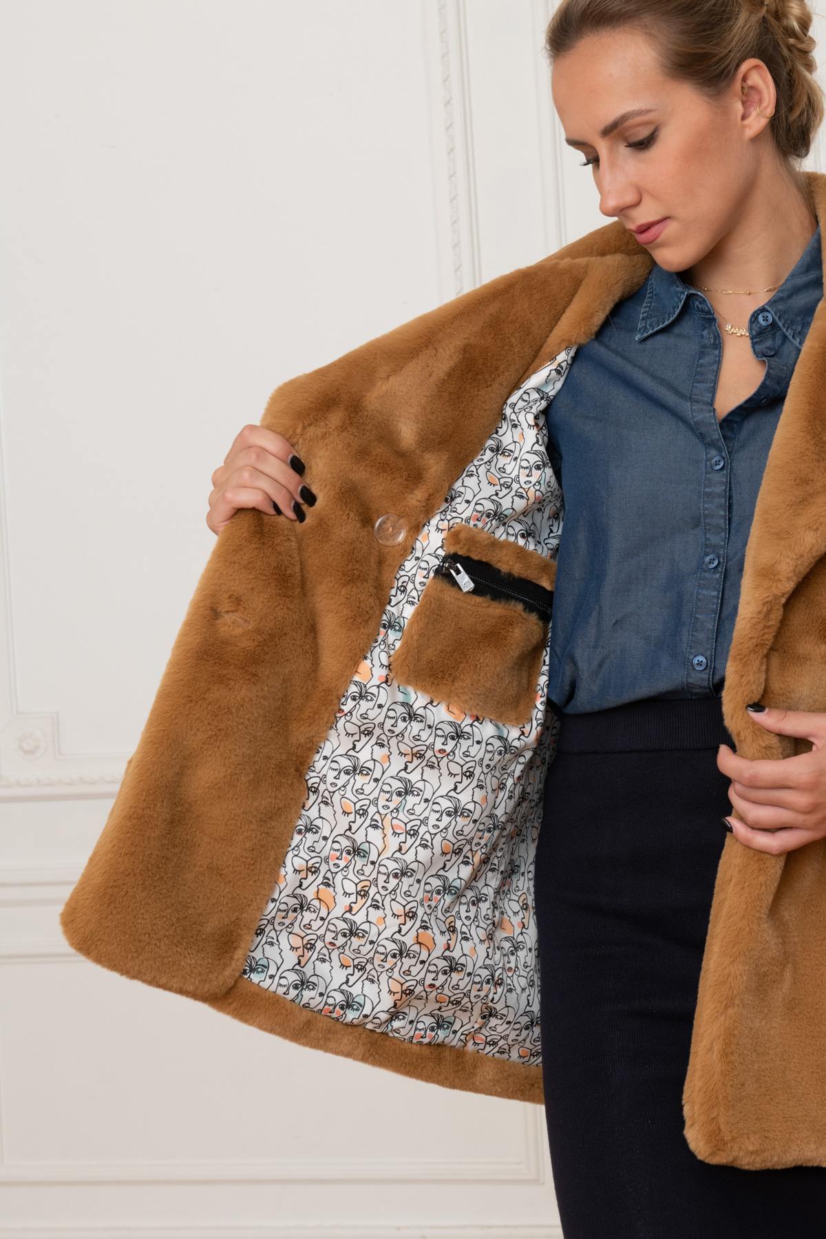 Coffee-colored faux fur jacket - Image n°6