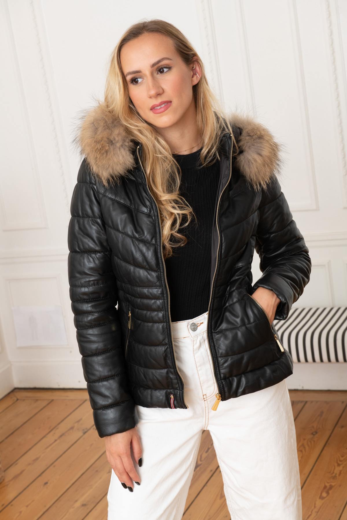 Black genuine leather down jacket - Image n°1