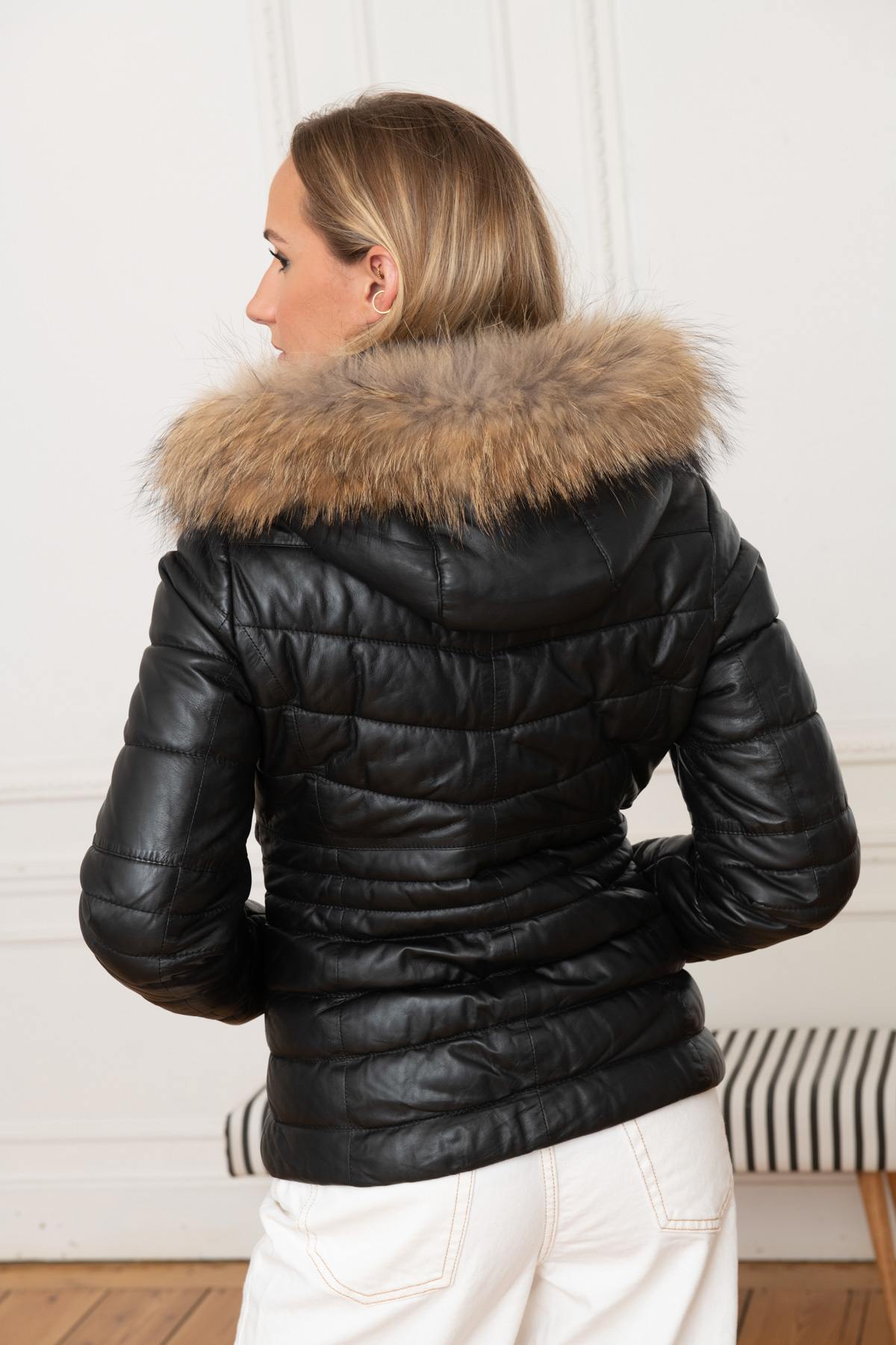 Black genuine leather down jacket - Image n°5