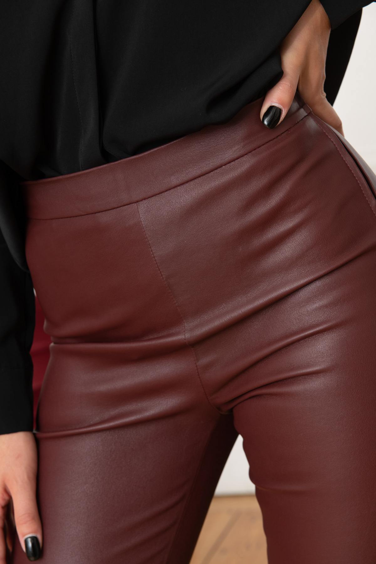 Burgundy Stretch Leather Leggings for Women - Image n°4