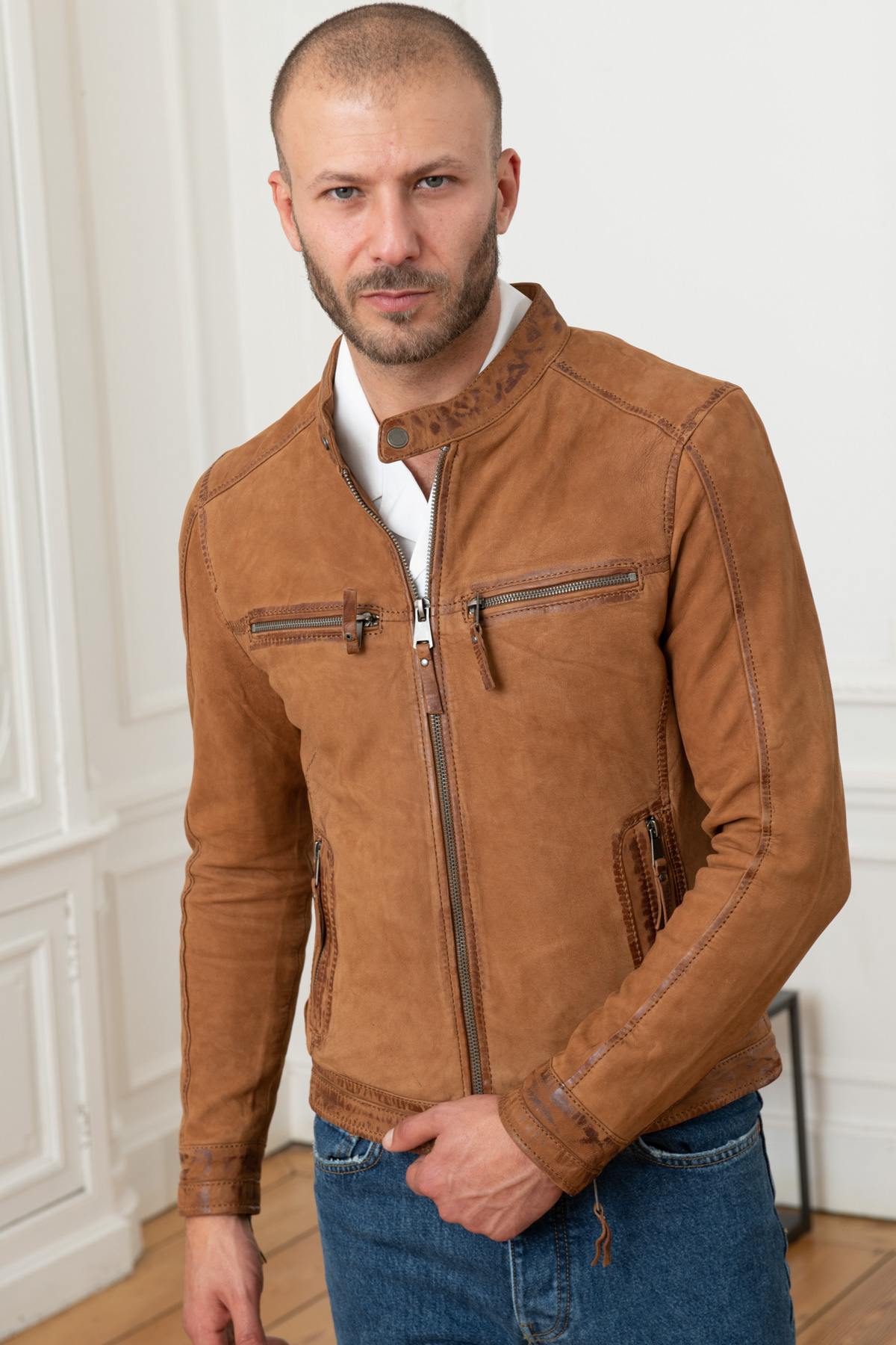 Camel nubuck leather jacket - Image n°3