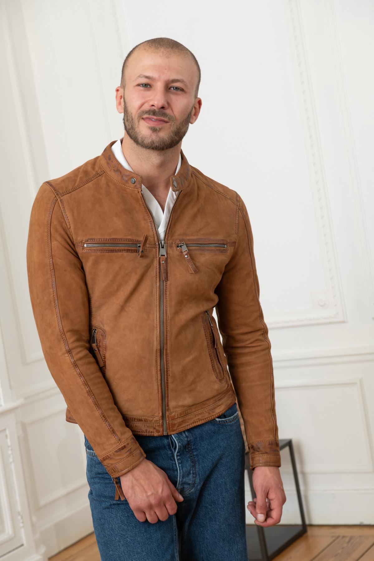 Camel nubuck leather jacket - Image n°7