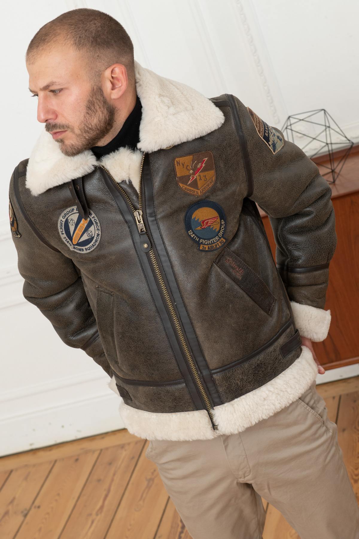 Bomber jacket in aged effect shearling - Image n°3