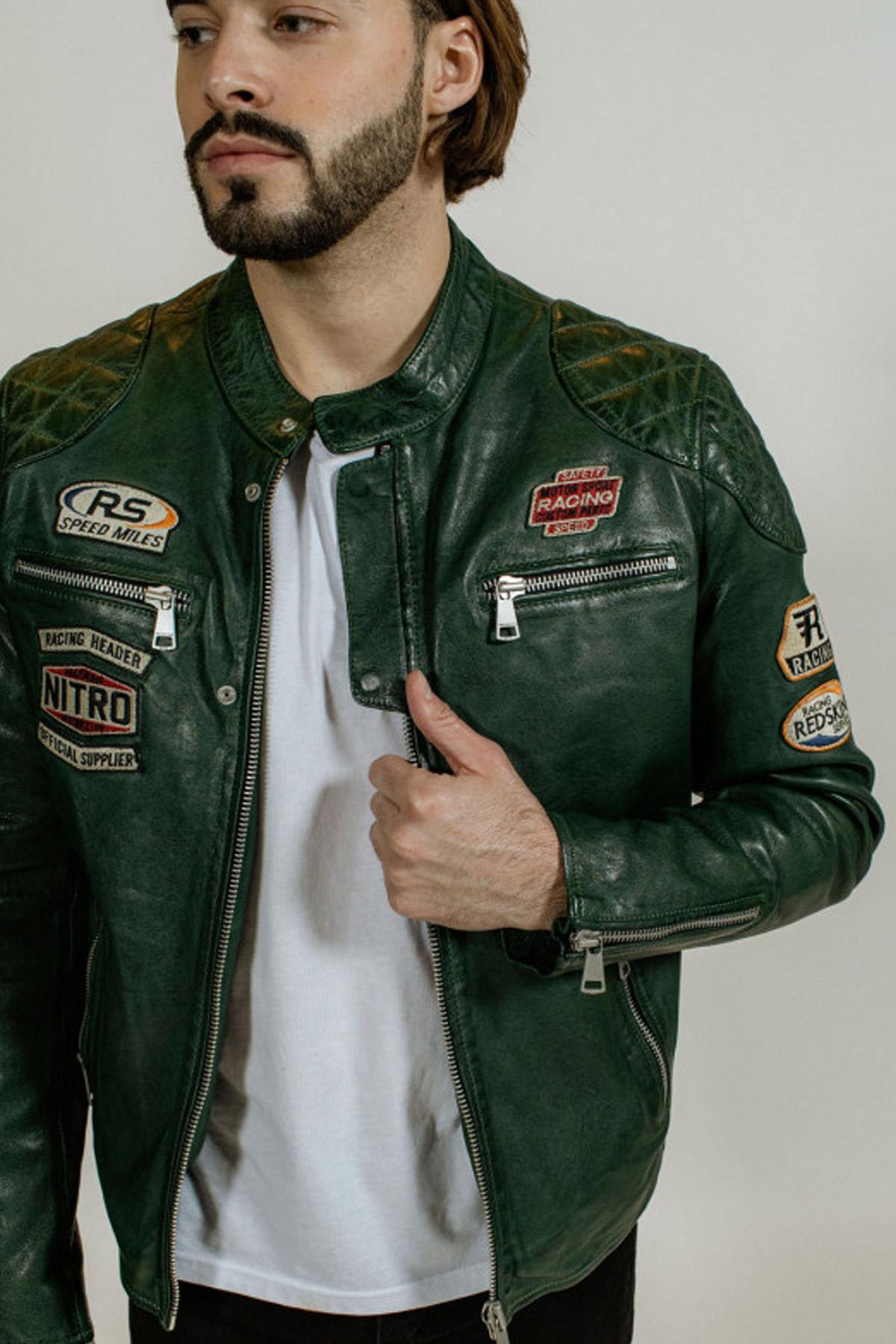 Retro green leather biker jacket - Image n°2