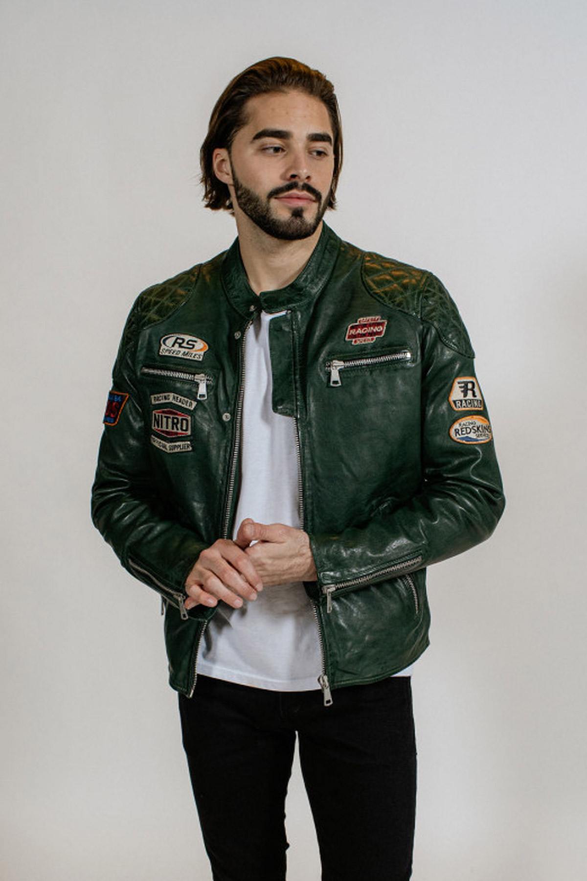 Retro green leather biker jacket - Image n°1