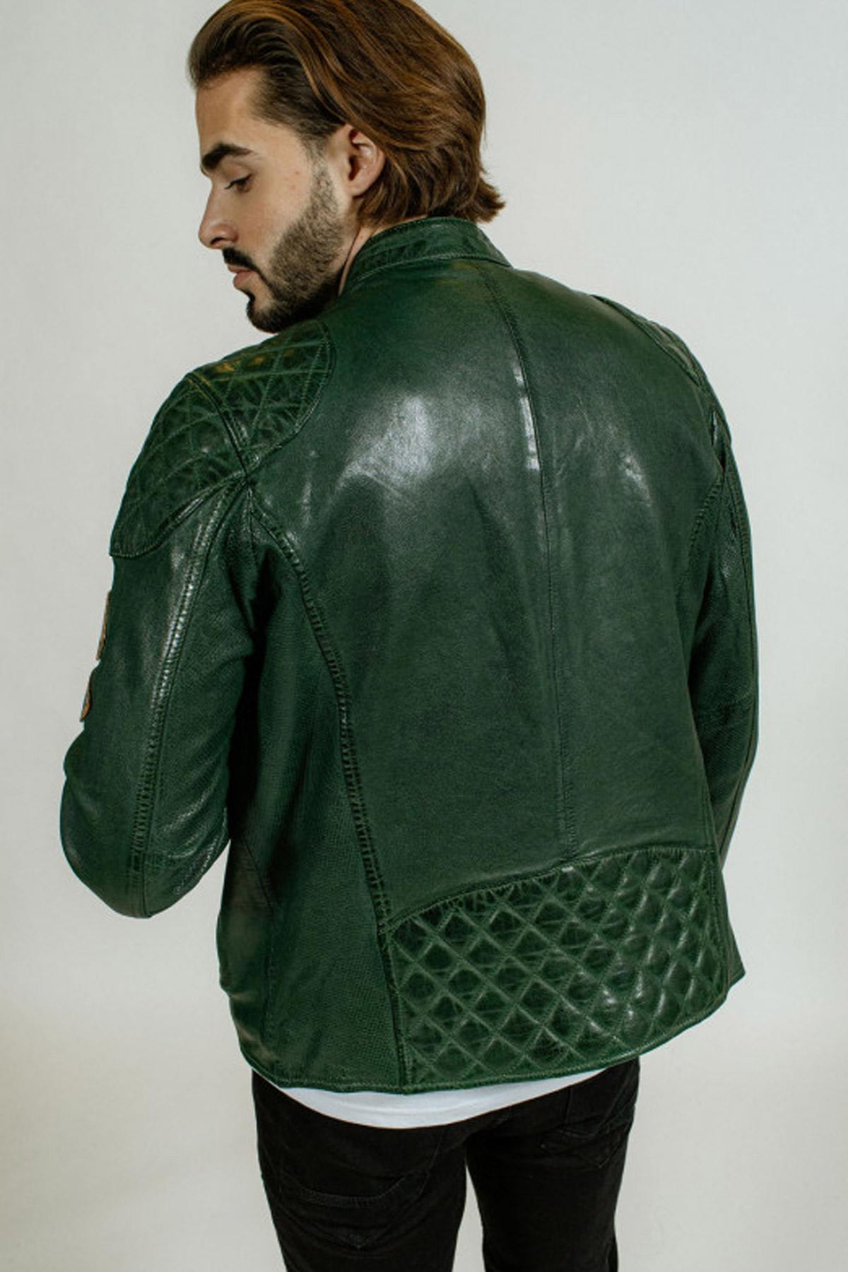 Retro green leather biker jacket - Image n°3