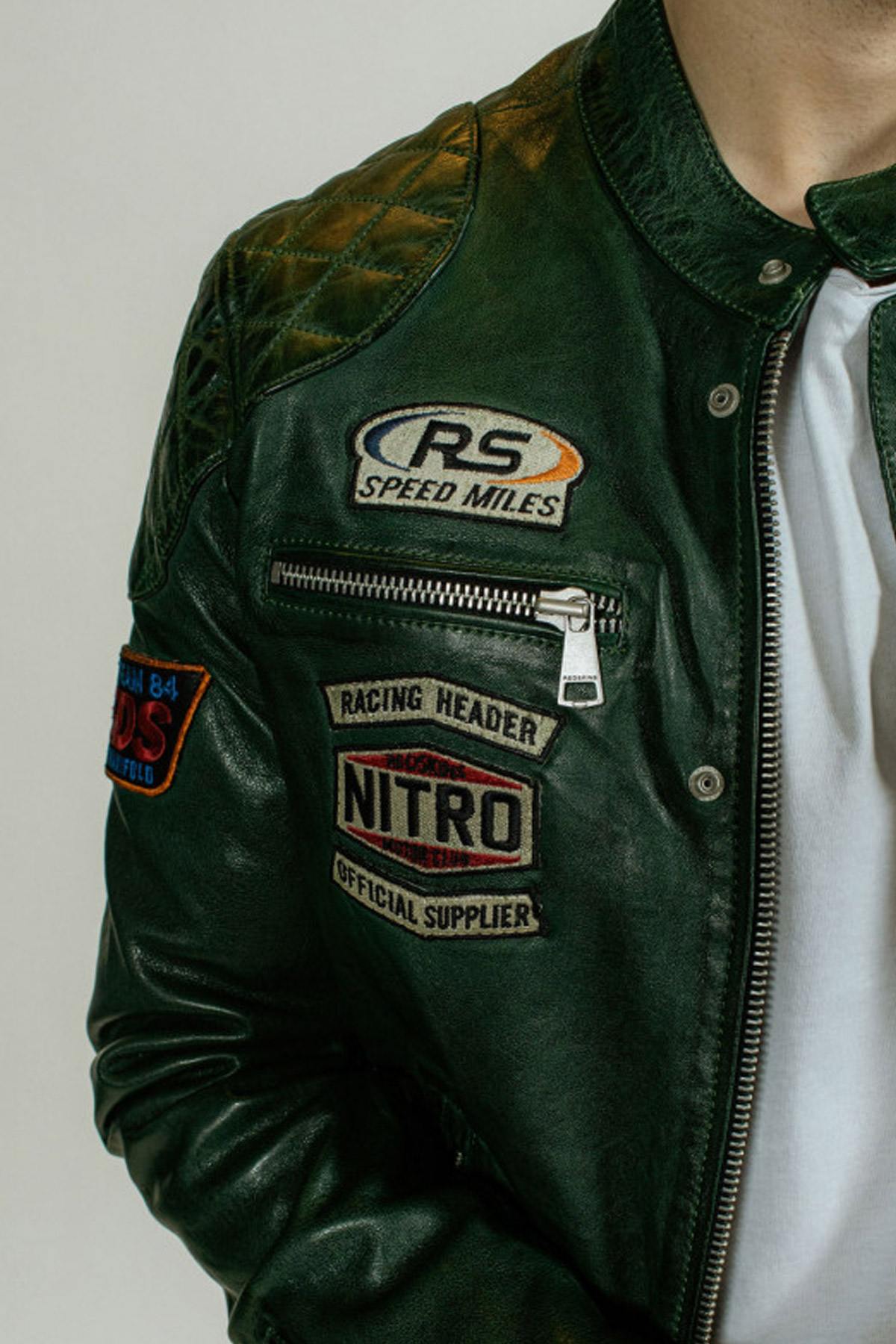 Retro green leather biker jacket - Image n°7