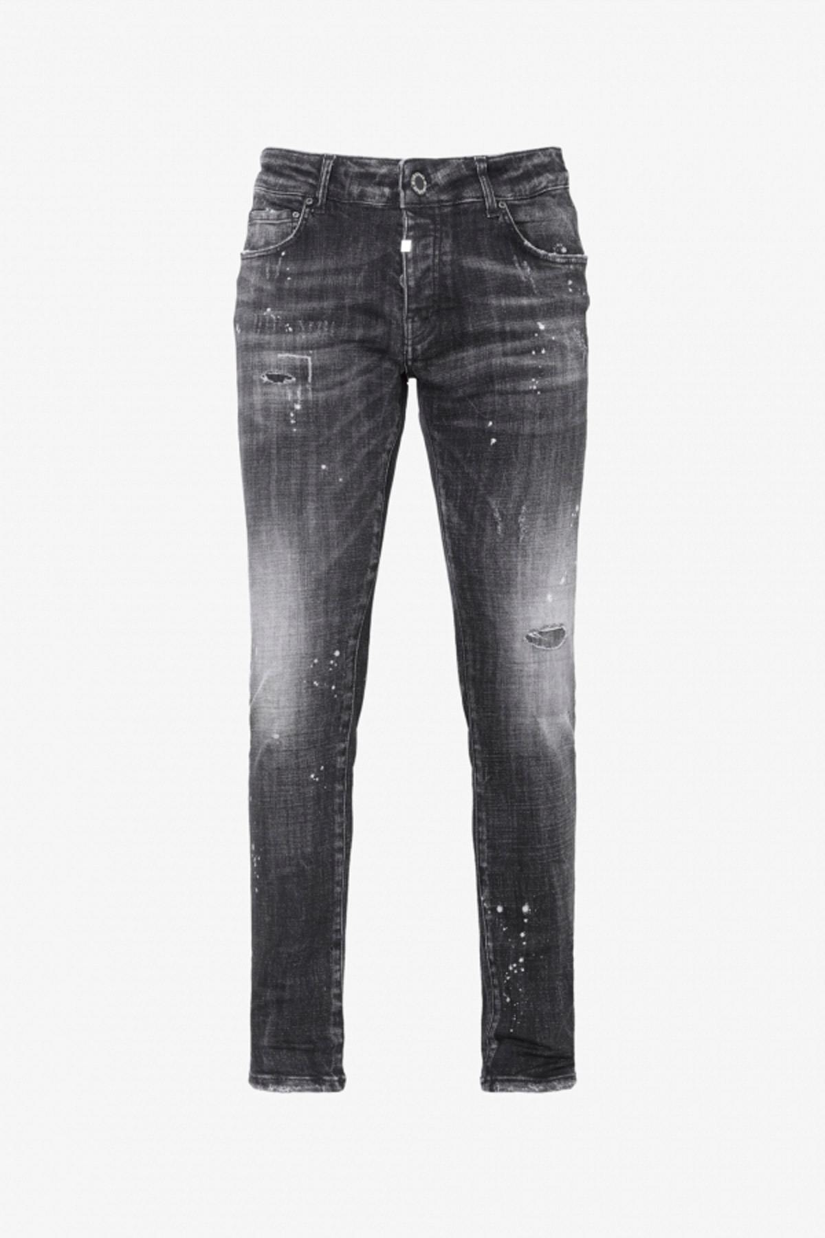 Slim fit black destroyed jeans - Image n°1