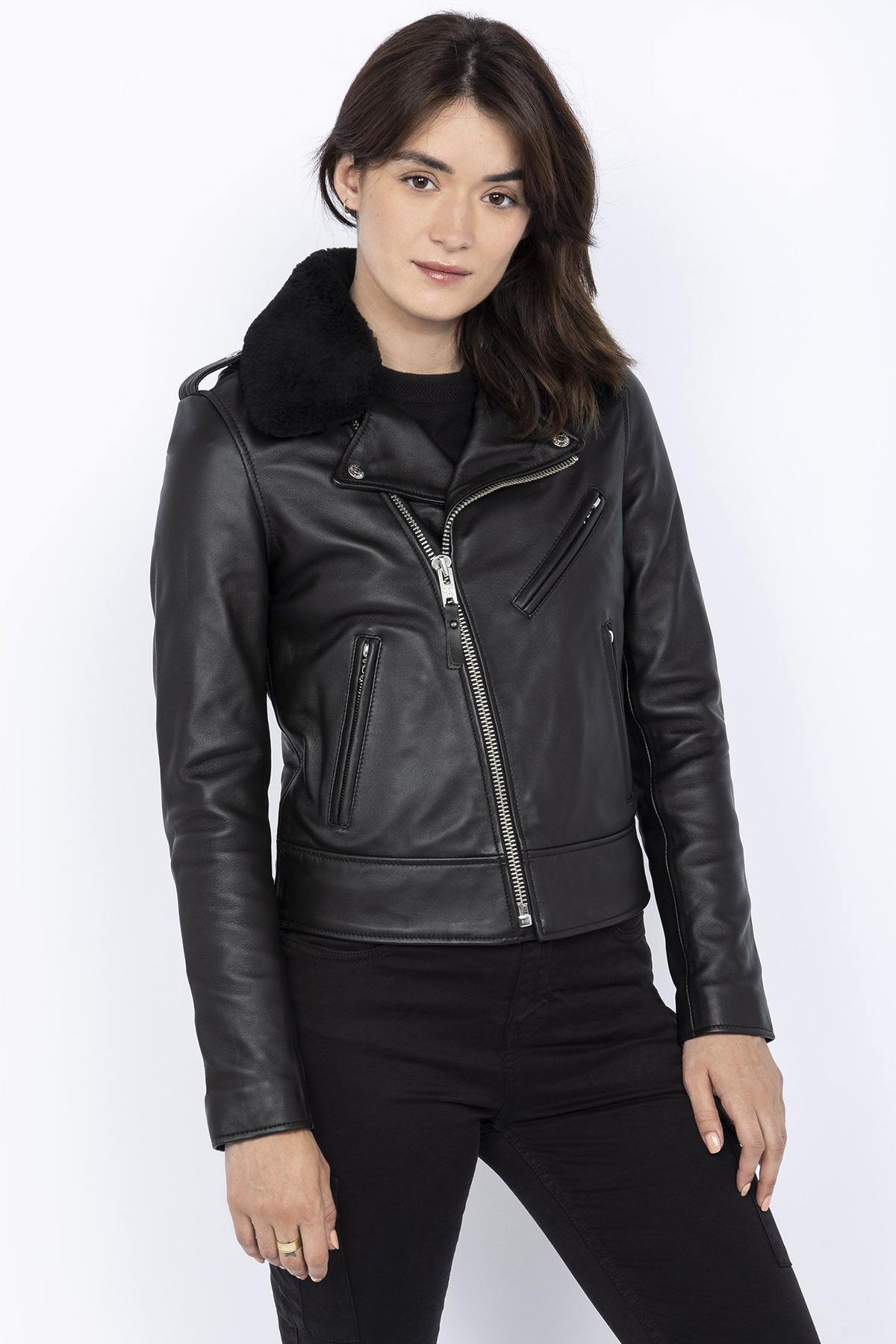 Black perfecto with removable sheepskin collar - Image n°1