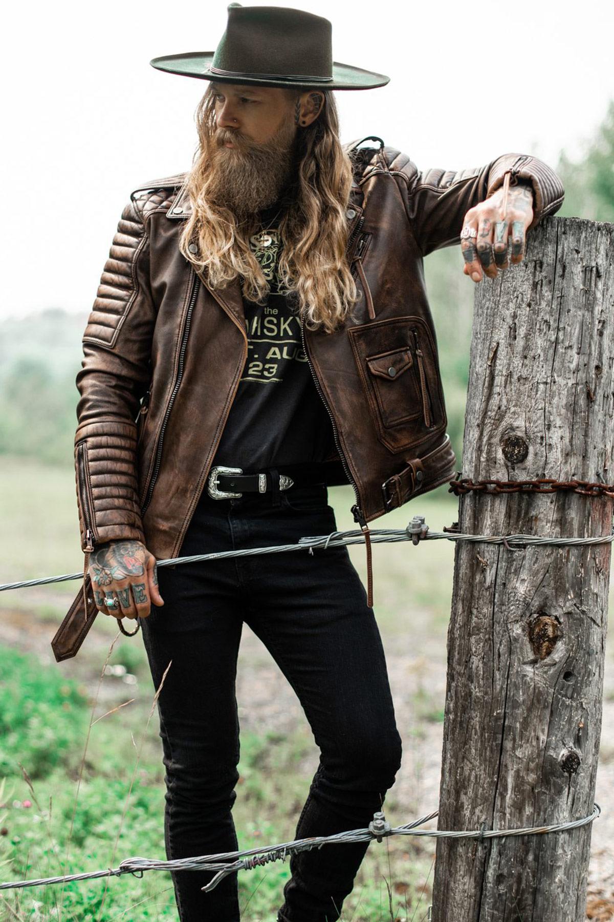 Aged brown Biker Jacket in full grain cowhide leather - Image n°3