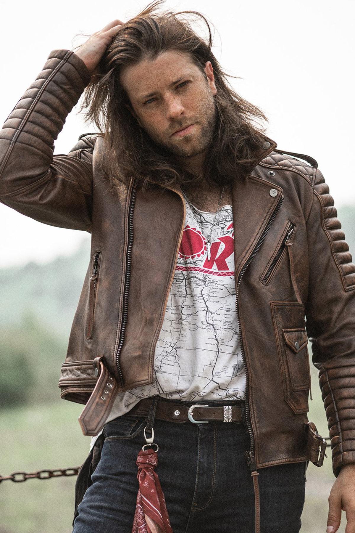 Aged brown Biker Jacket in full grain cowhide leather - Image n°1