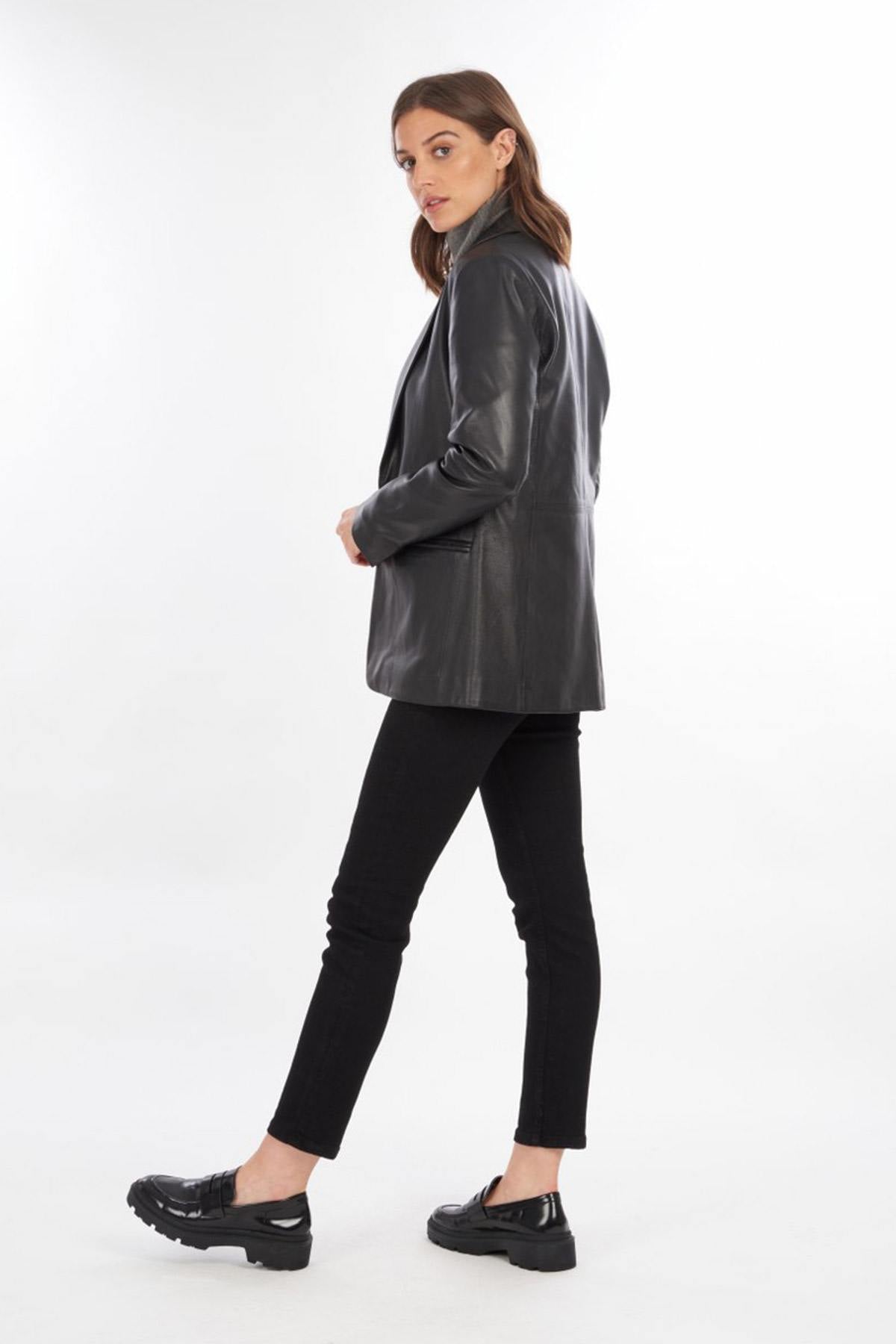 Women's black genuine leather blazer - Image n°5