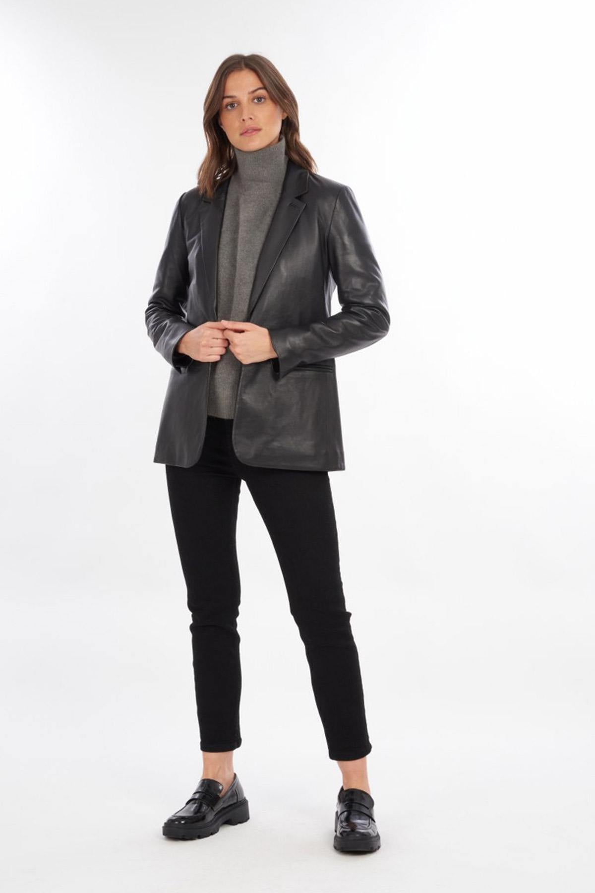 Women's black genuine leather blazer - Image n°2