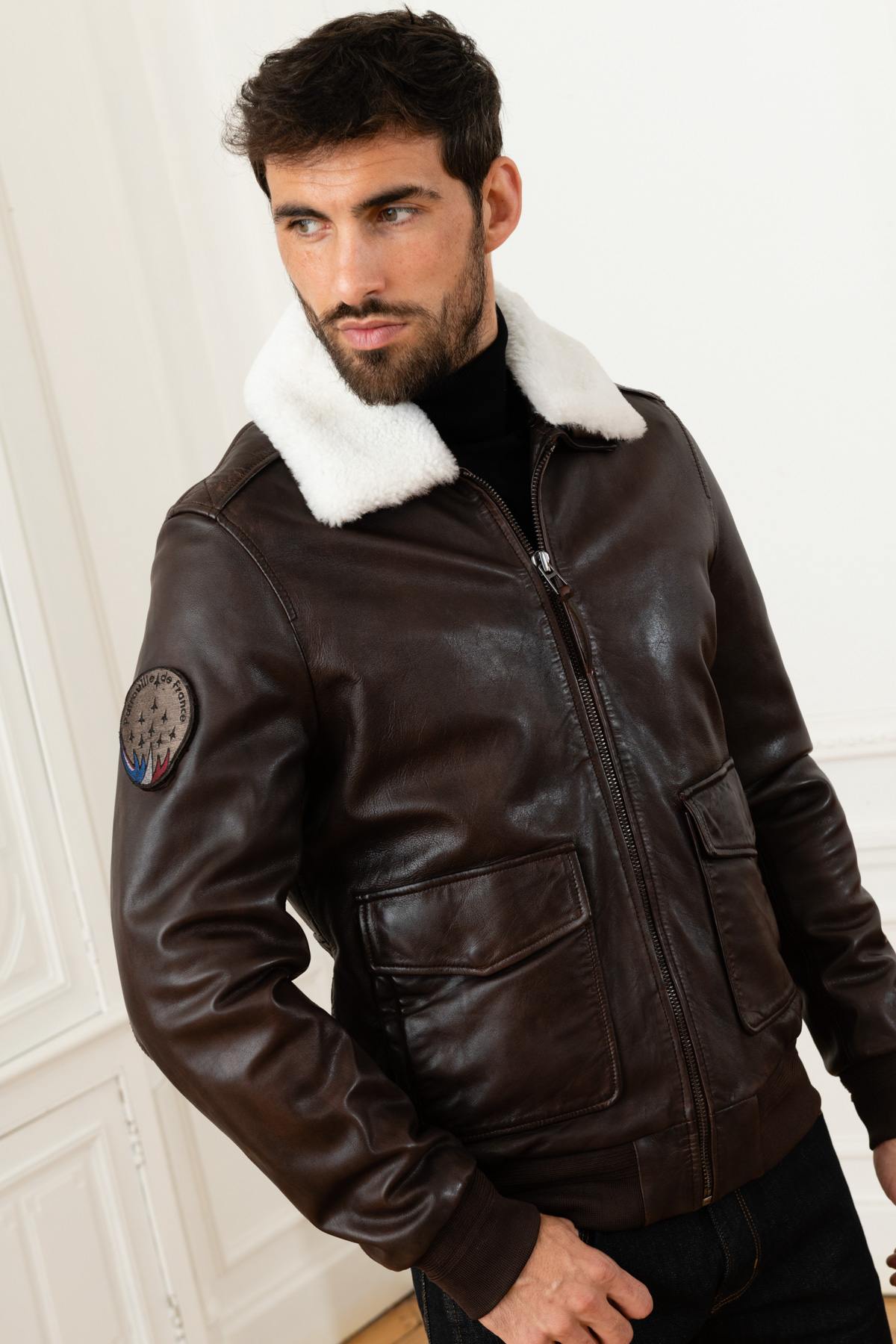 Brown leather pilot jacket with removable fur-lined collar - Image n°1