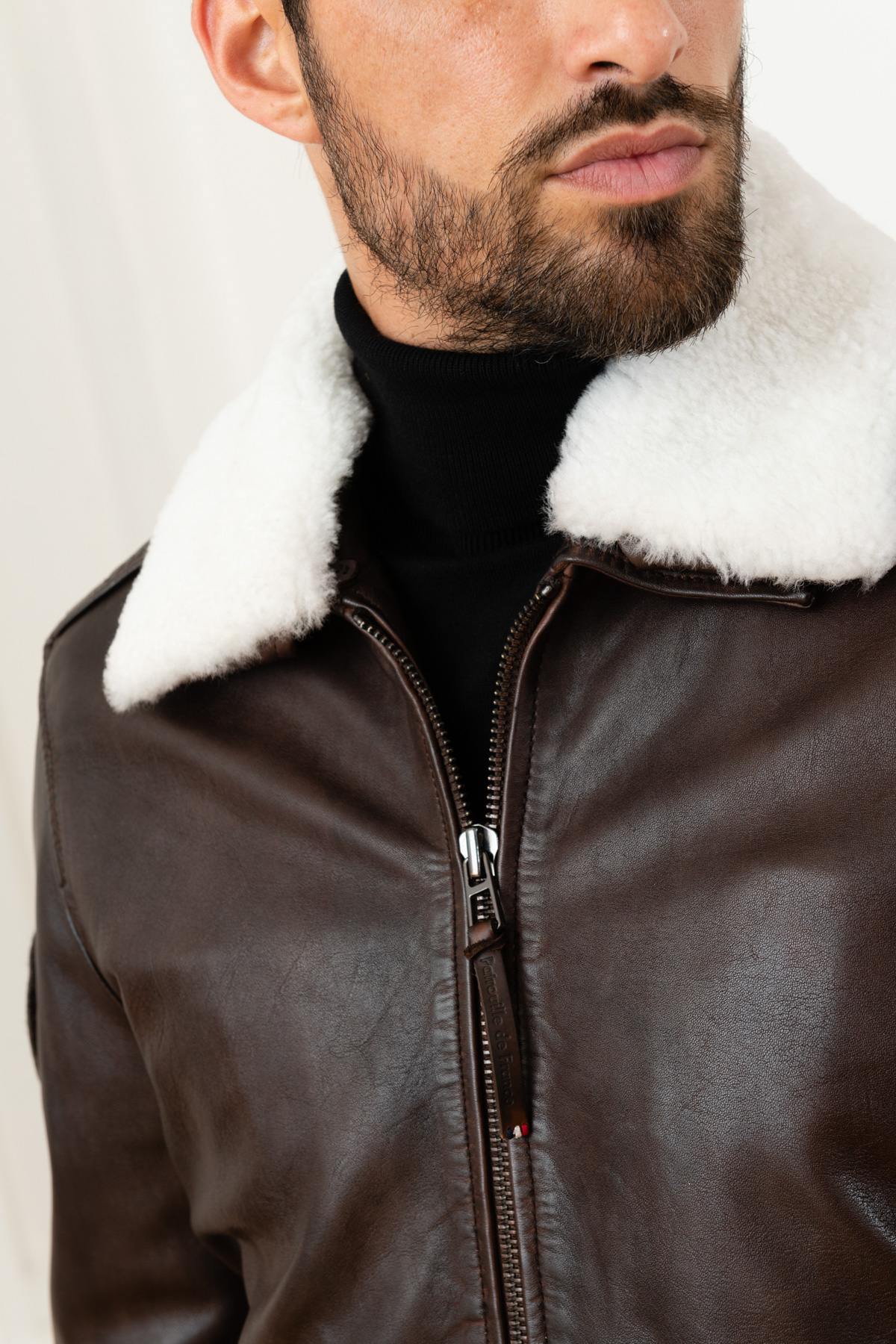 Brown leather pilot jacket with removable fur-lined collar - Image n°9