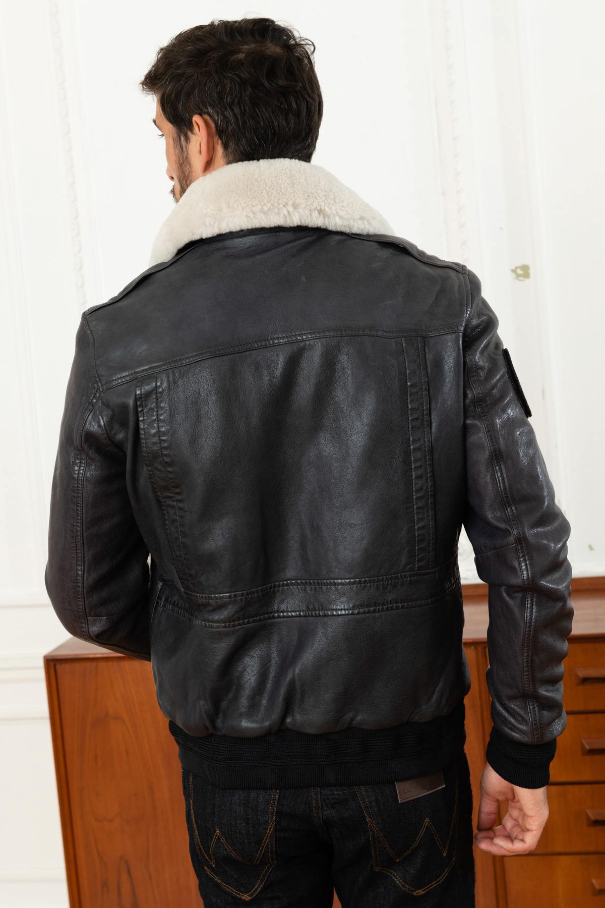 PAF jacket in blue leather and white fur collar - Image n°5