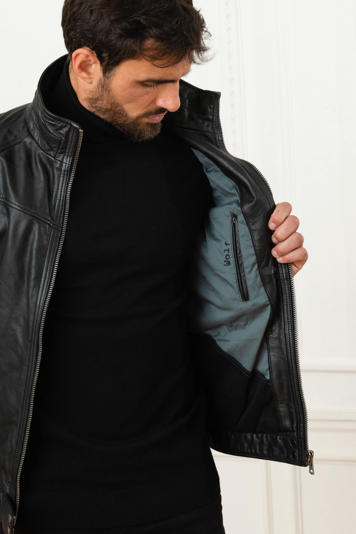 Black buffalo leather jacket with stand-up collar - Image n°7