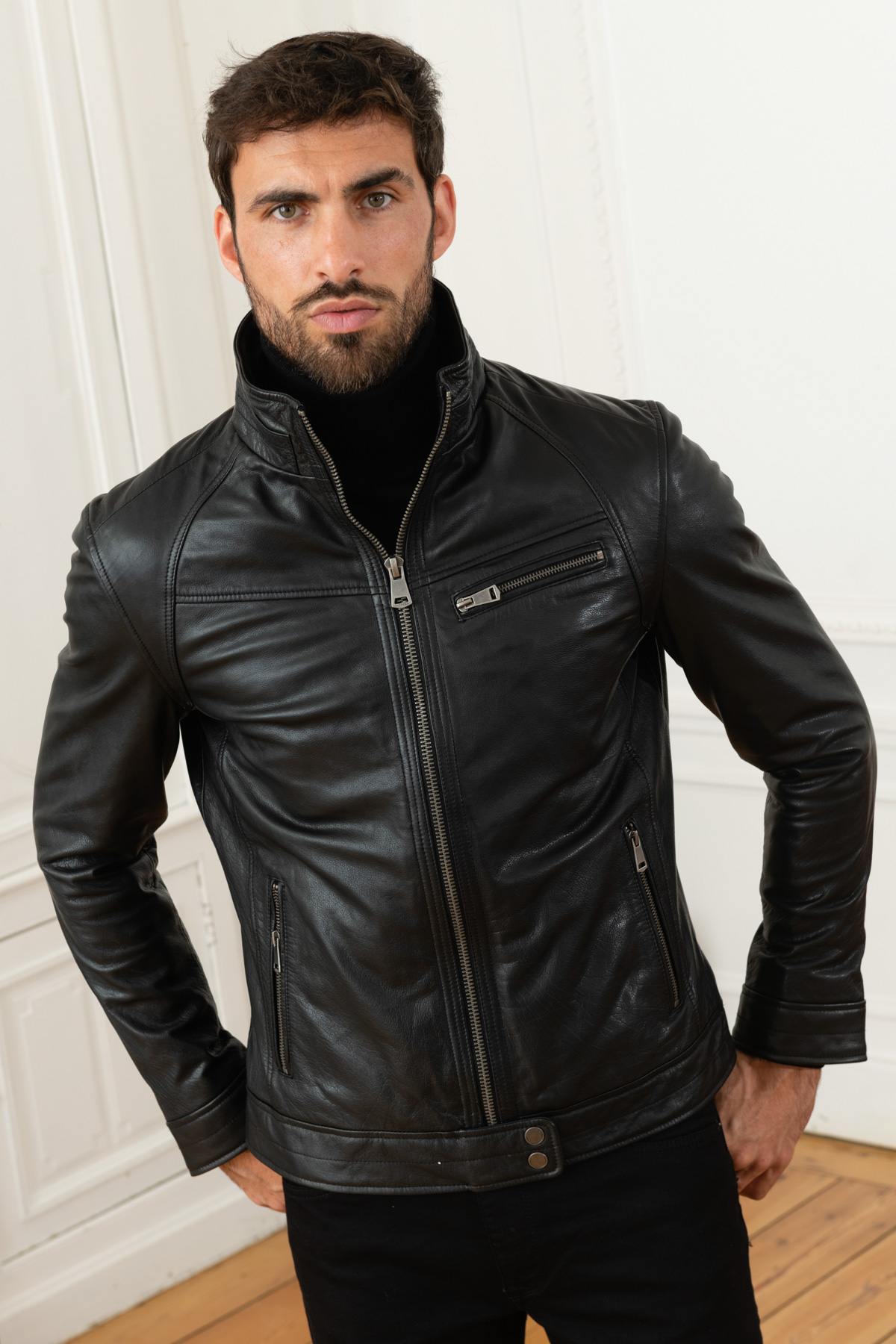 Black buffalo leather jacket with stand-up collar - Image n°8