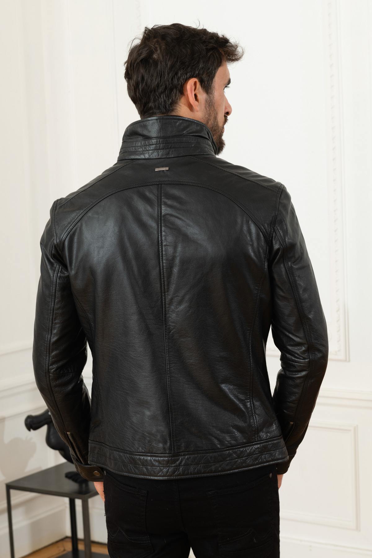 Black buffalo leather jacket with stand-up collar - Image n°6