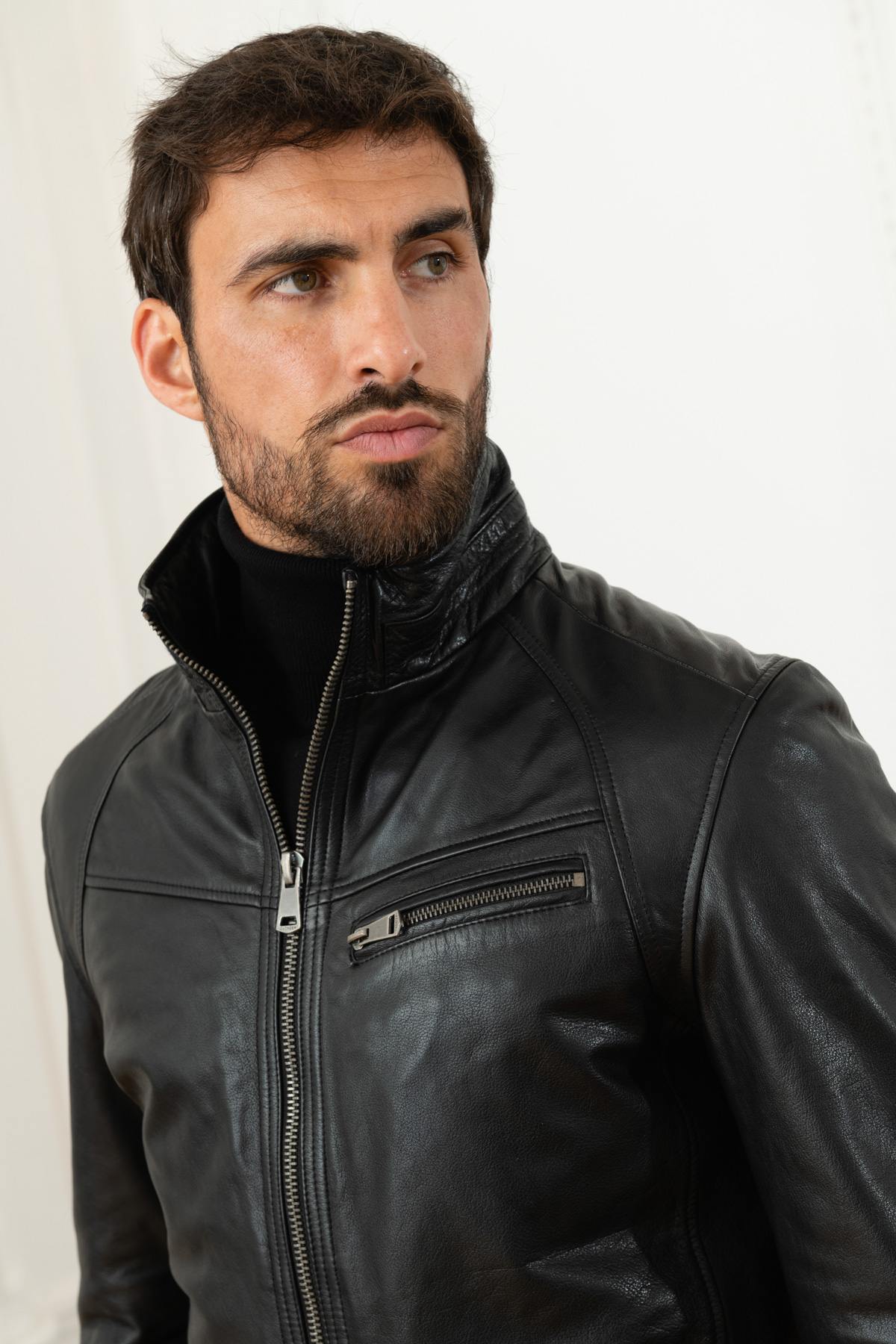 Black buffalo leather jacket with stand-up collar - Image n°9