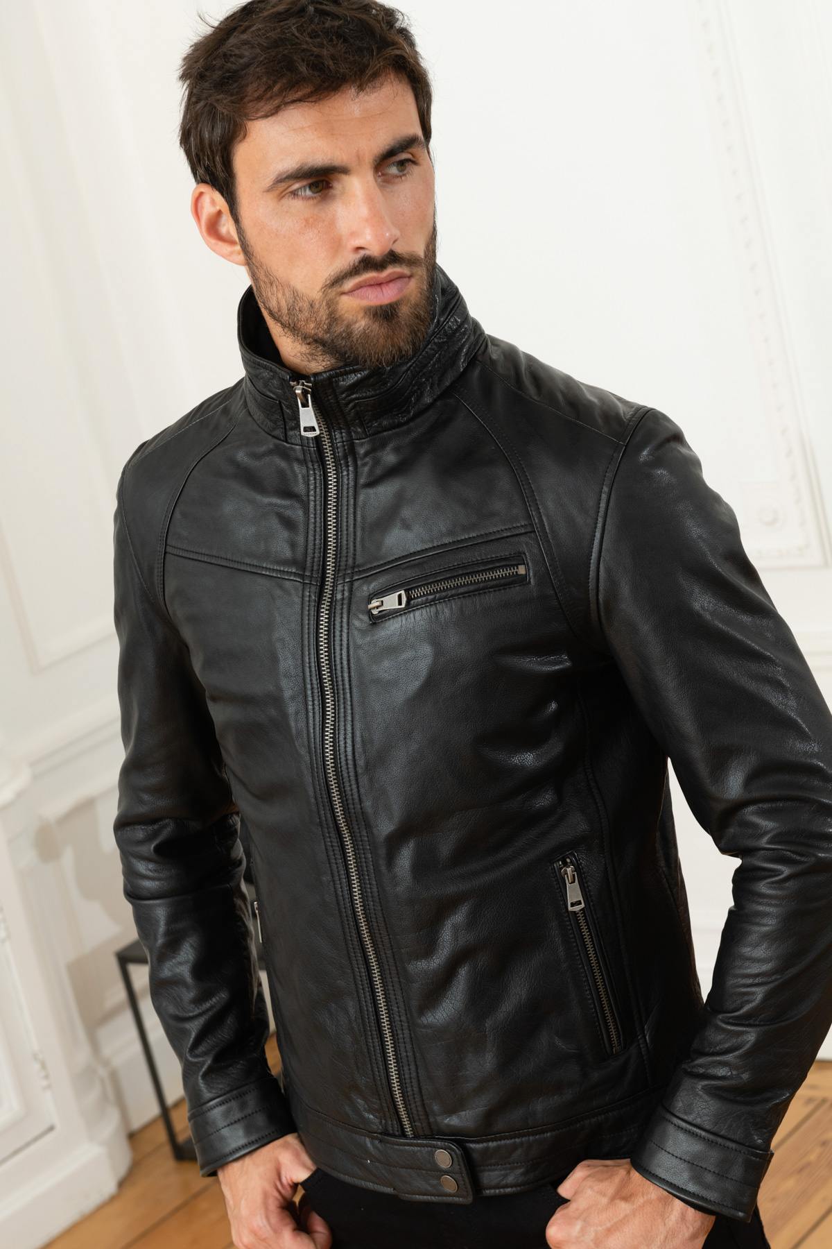 Black buffalo leather jacket with stand-up collar - Image n°5