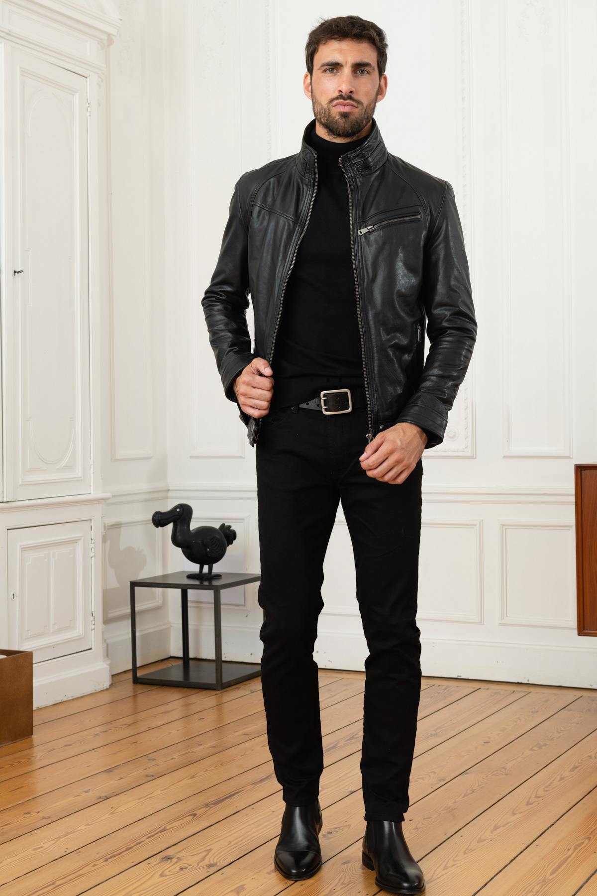 Black buffalo leather jacket with stand-up collar - Image n°4