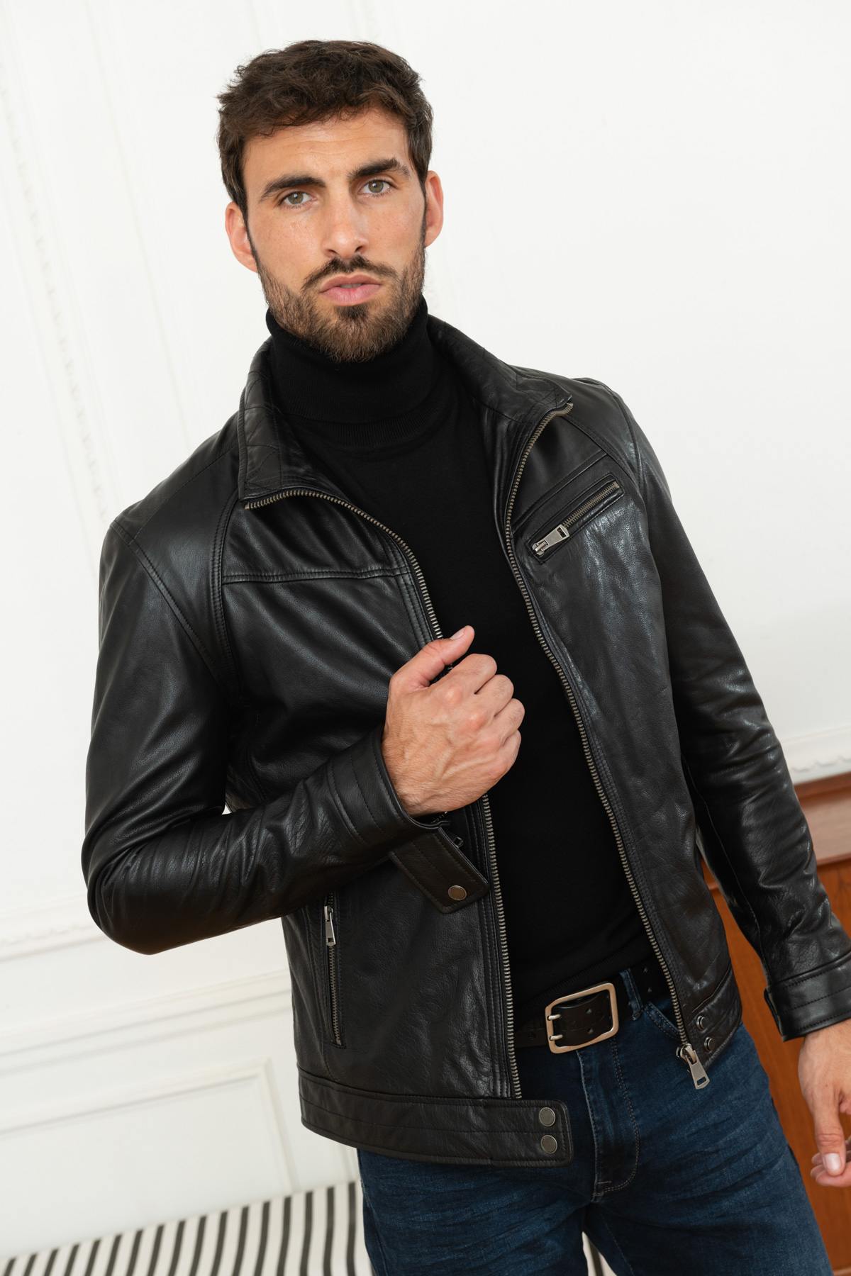 Black buffalo leather jacket with stand-up collar - Image n°1