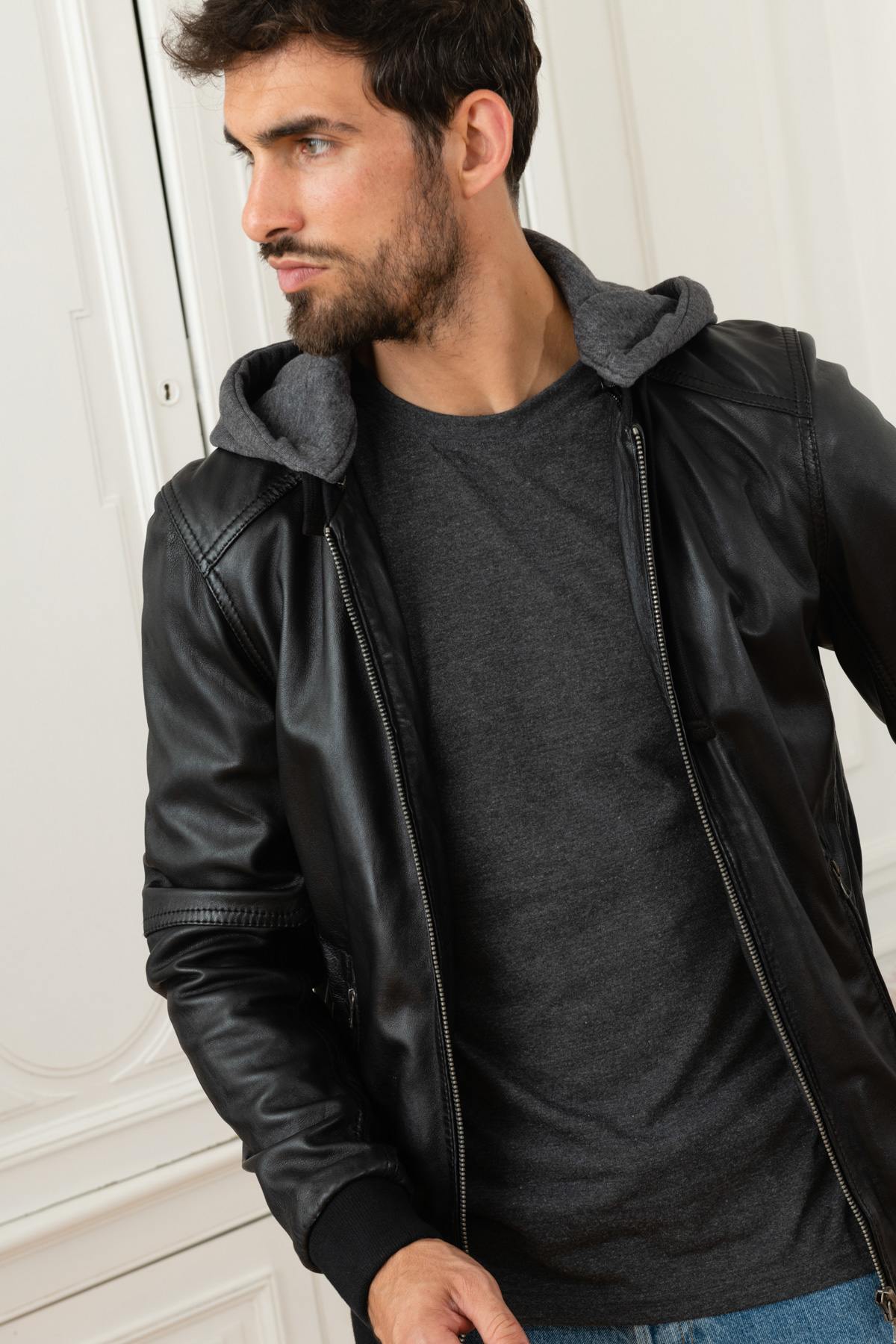 Men's black hooded collar jacket - Image n°1