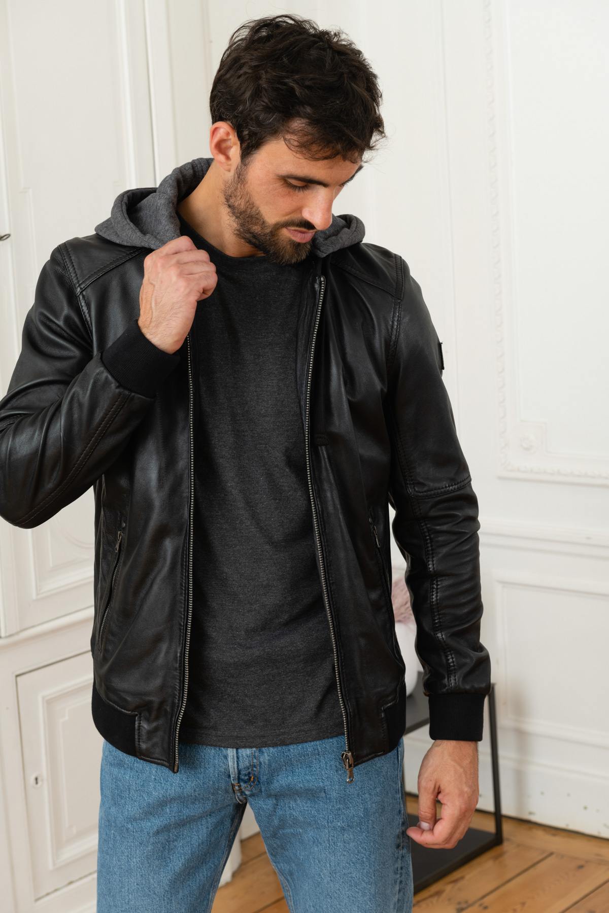 Men's black hooded collar jacket - Image n°7