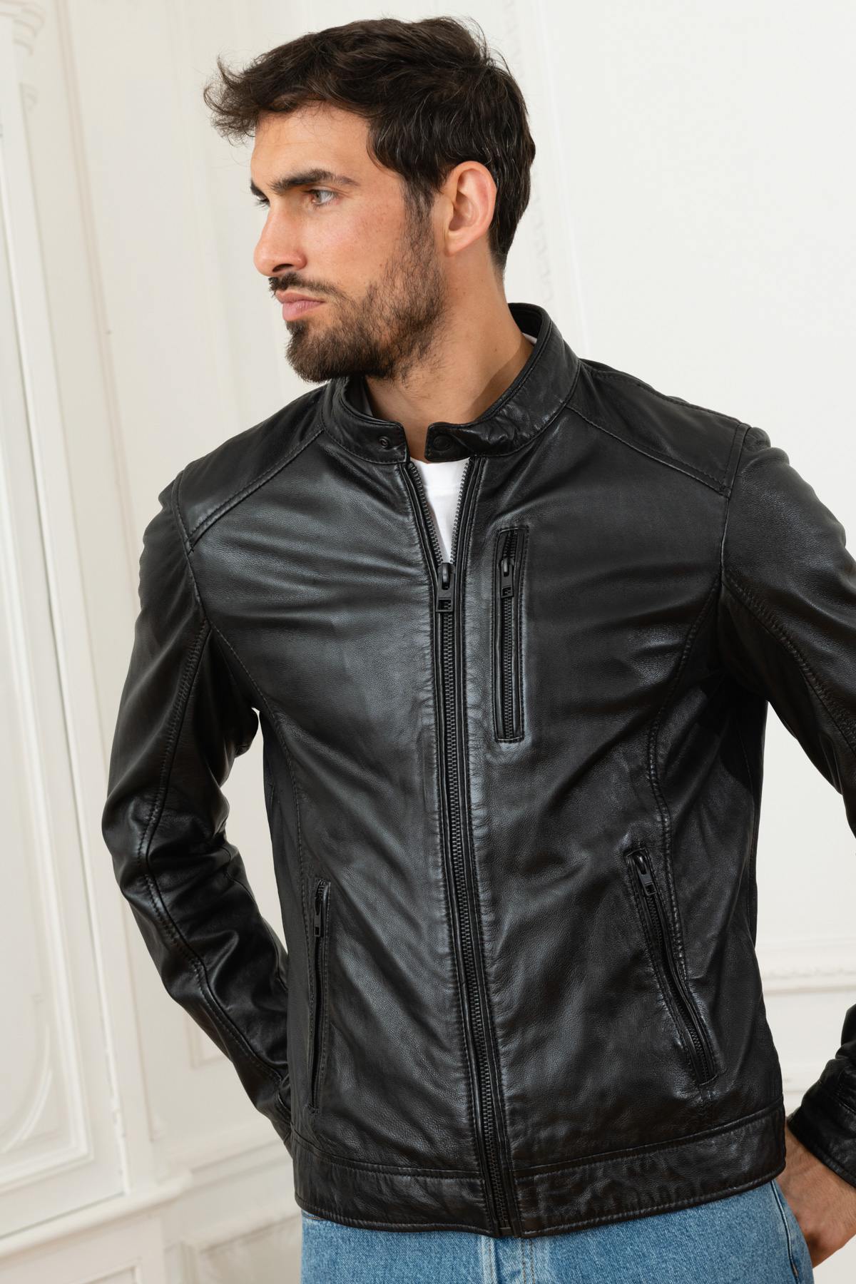 Black genuine leather jacket - Image n°1