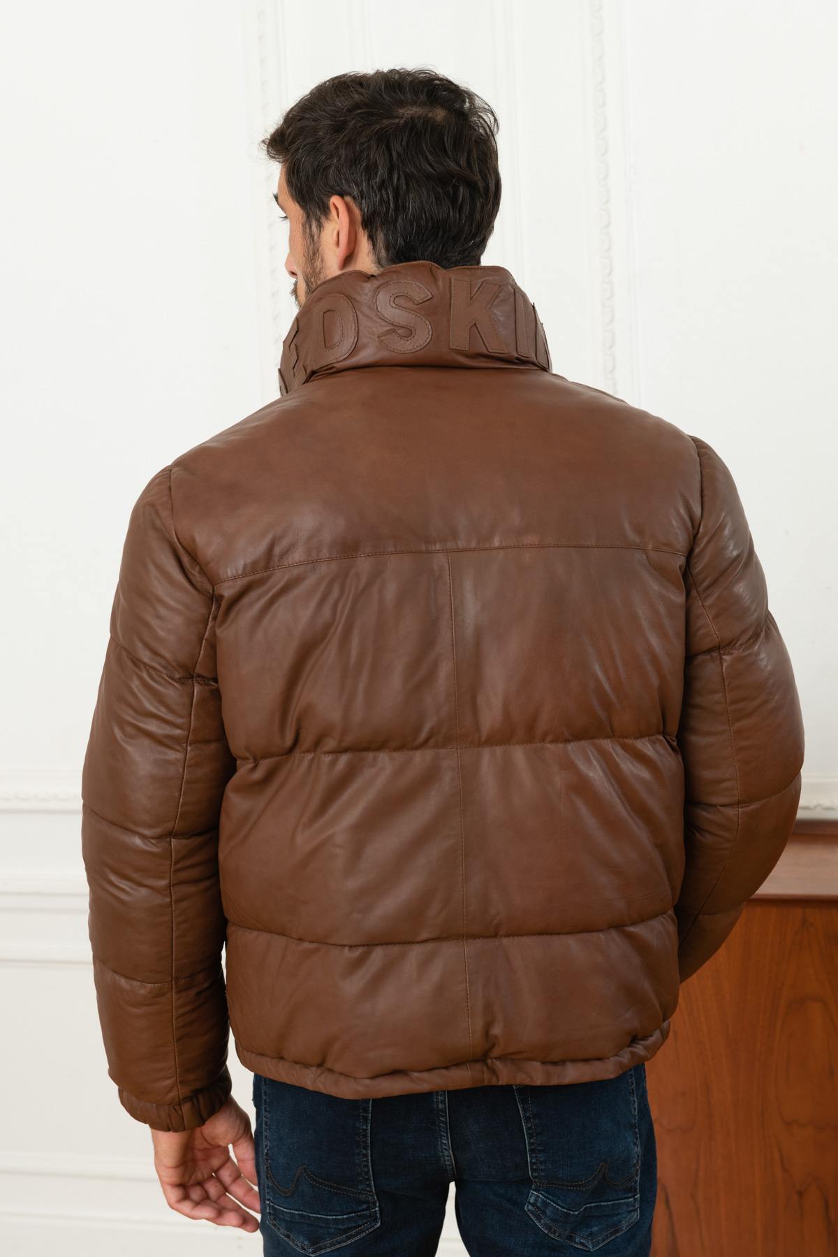 Warm brown leather down jacket - Image n°6