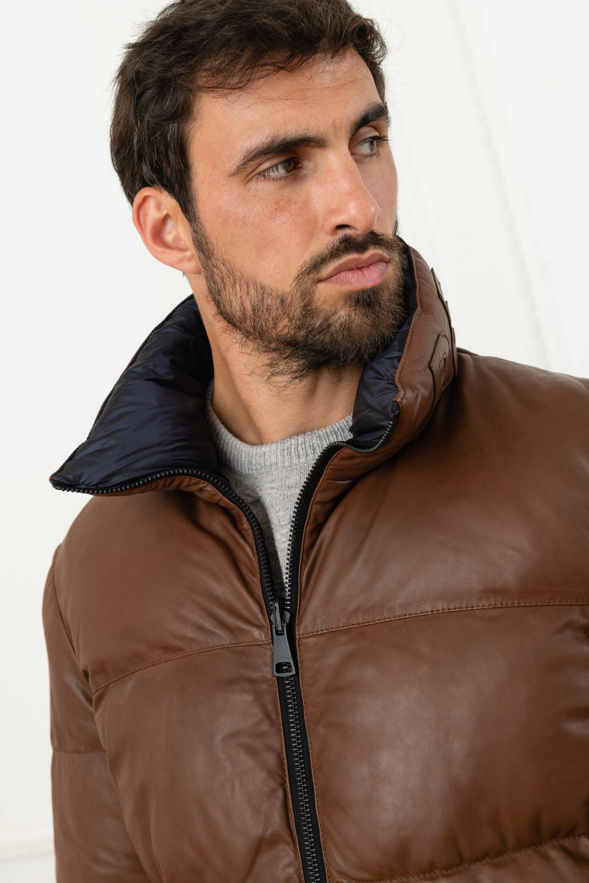 Warm brown leather down jacket - Image n°8