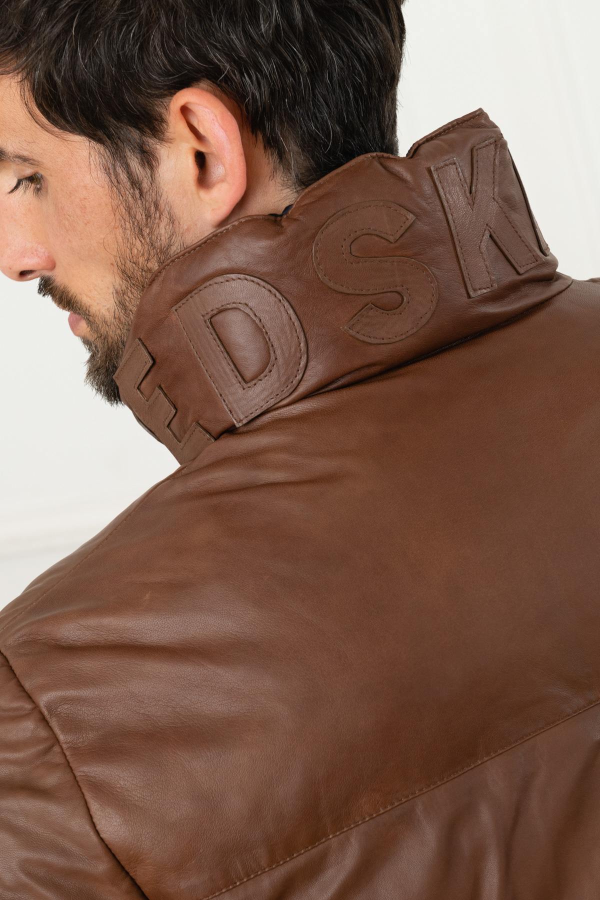 Warm brown leather down jacket - Image n°9