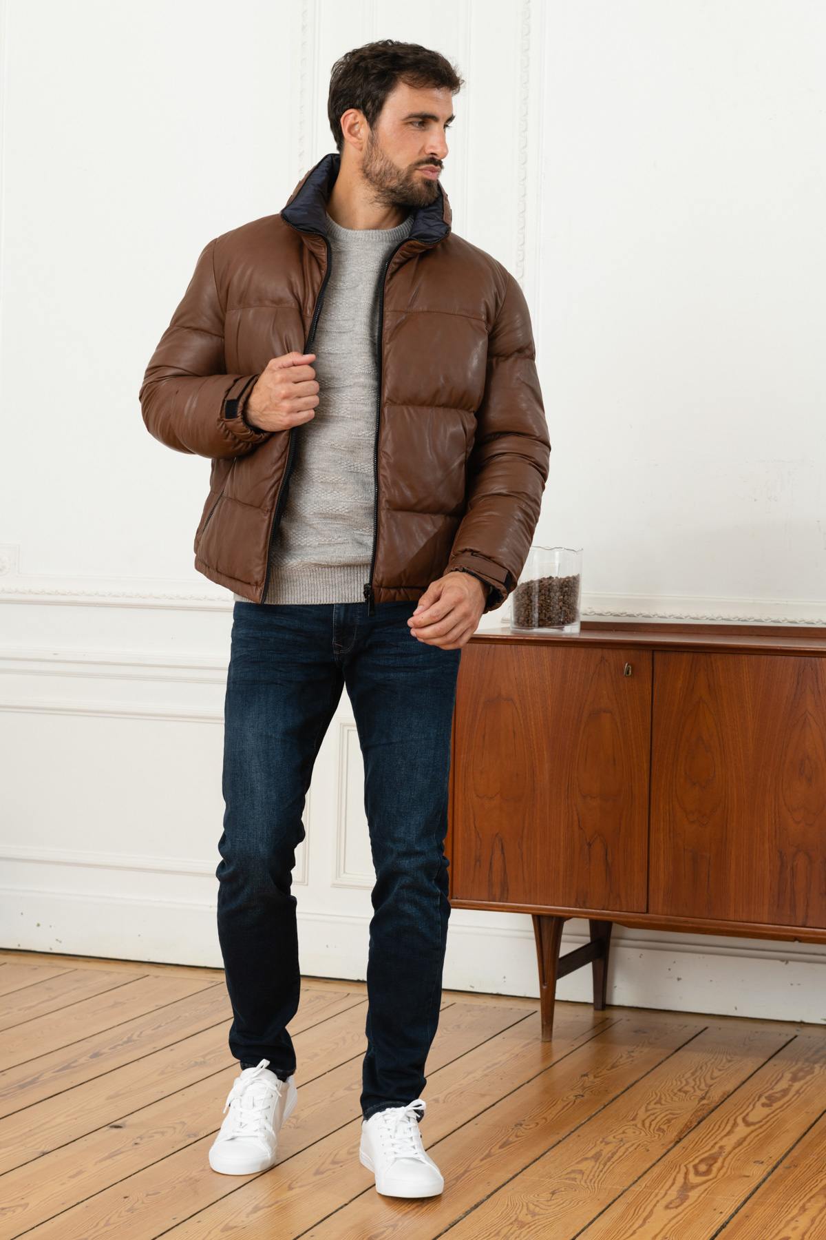 Warm brown leather down jacket - Image n°2