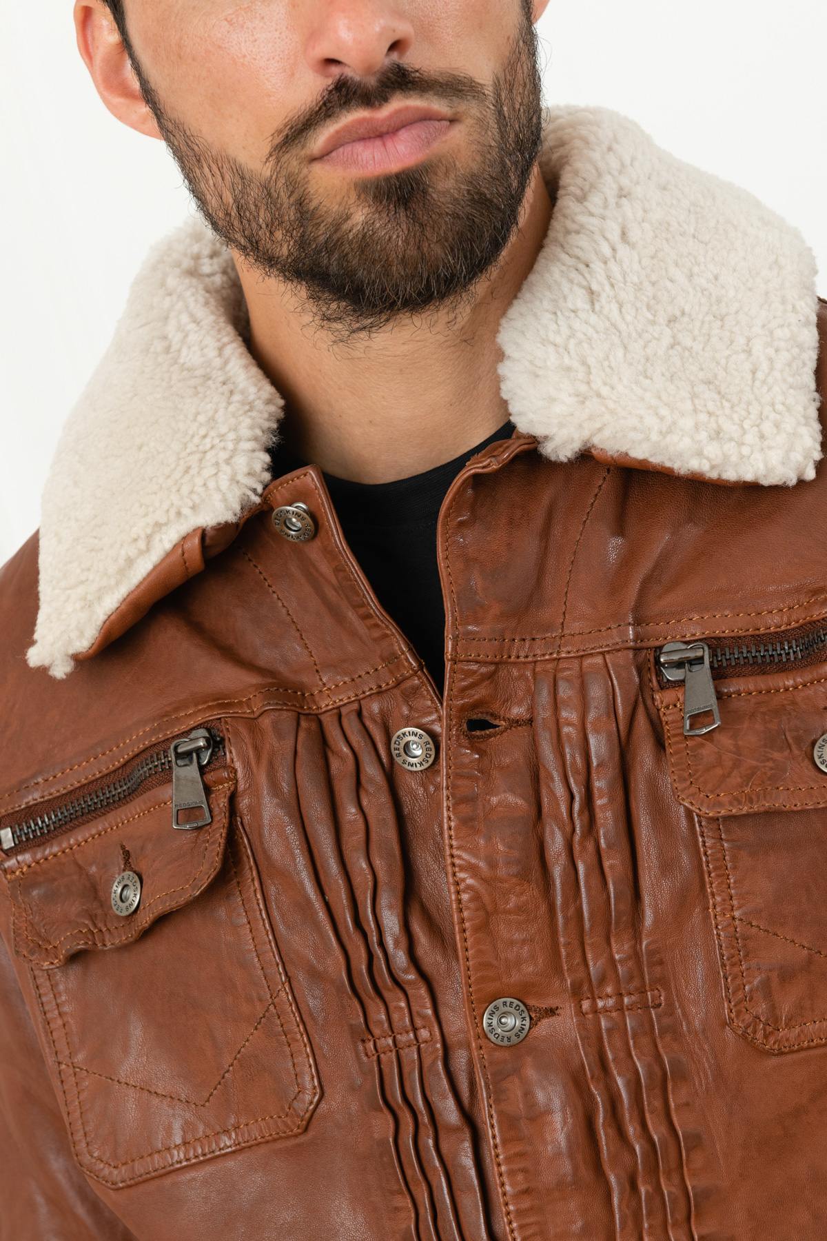 Leather jacket with faux fur collar - Image n°5