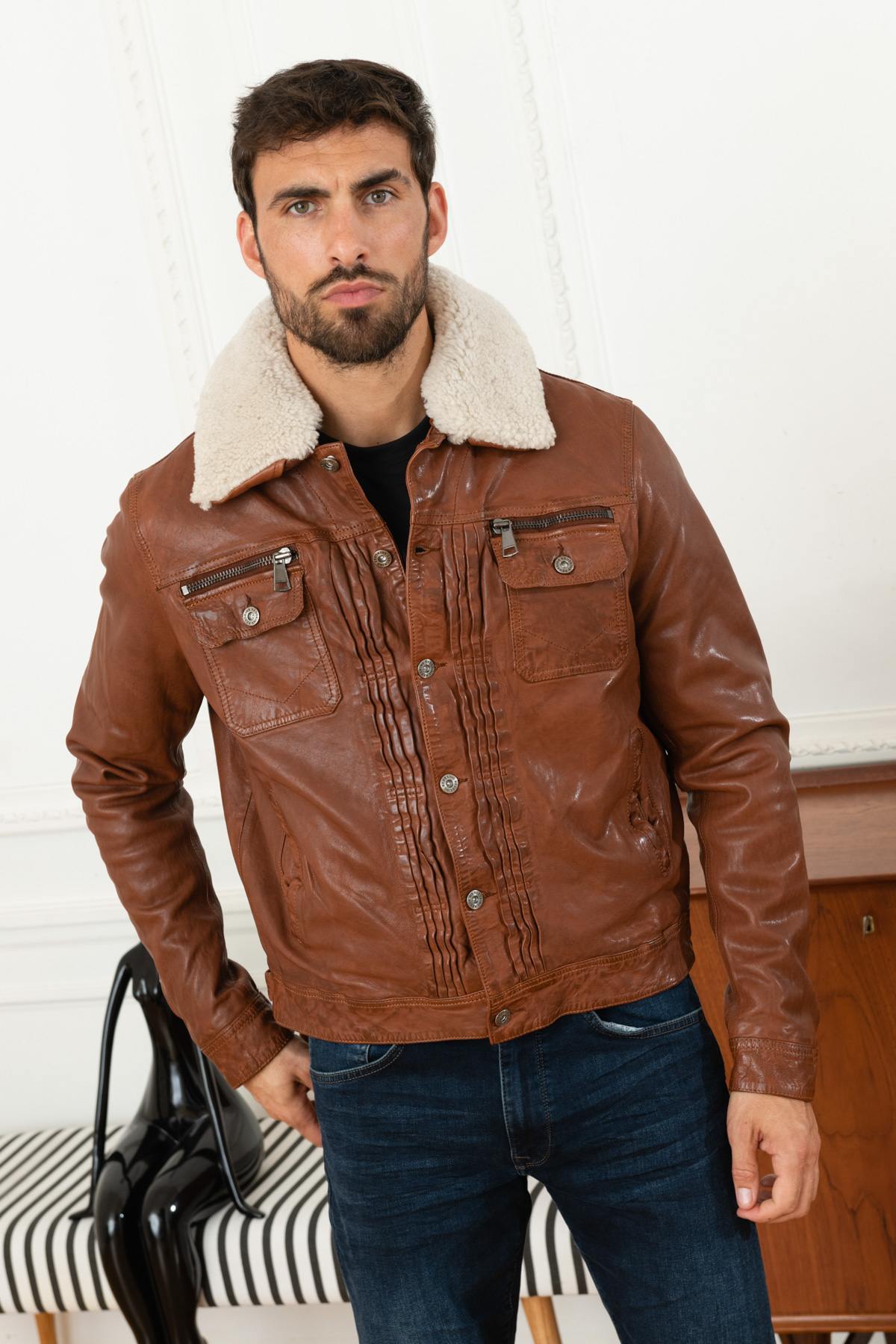 Leather jacket with faux fur collar - Image n°7