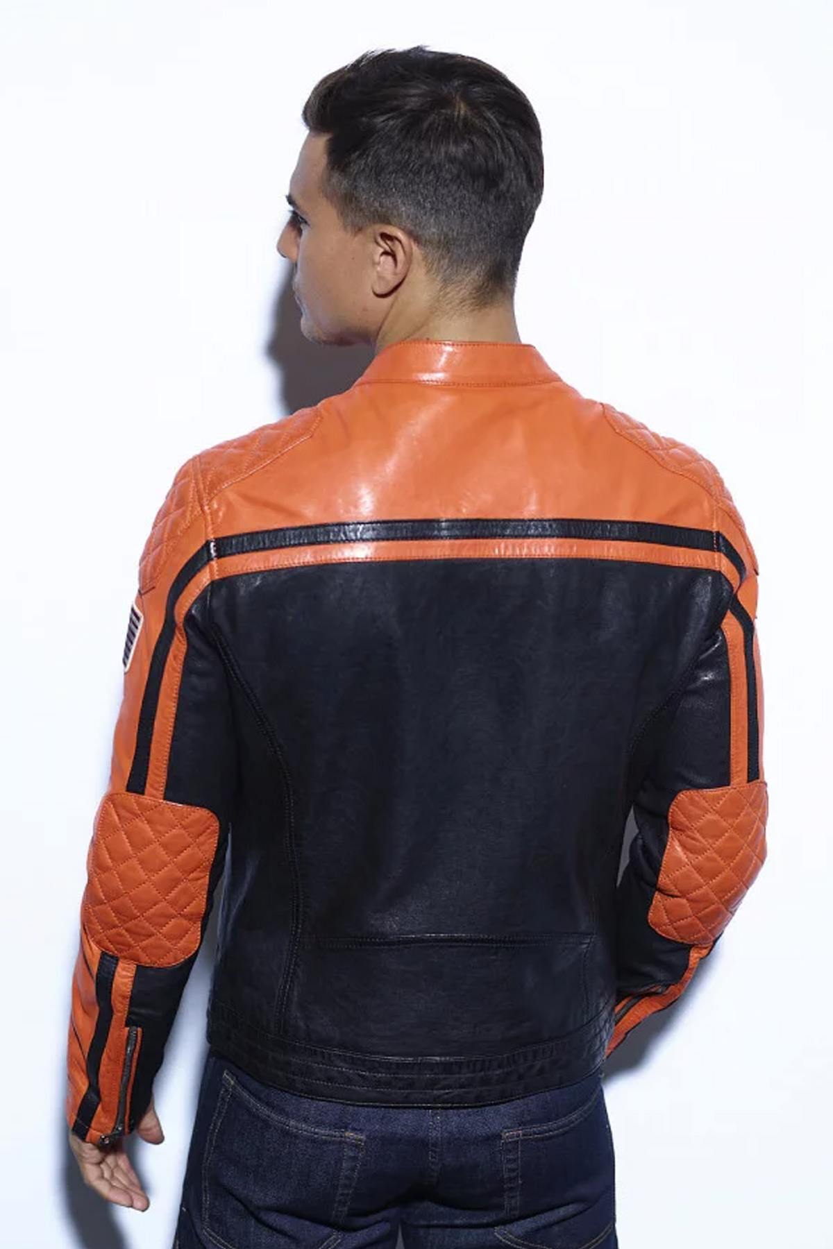 Orange and black motor-style leather jacket - Image n°2