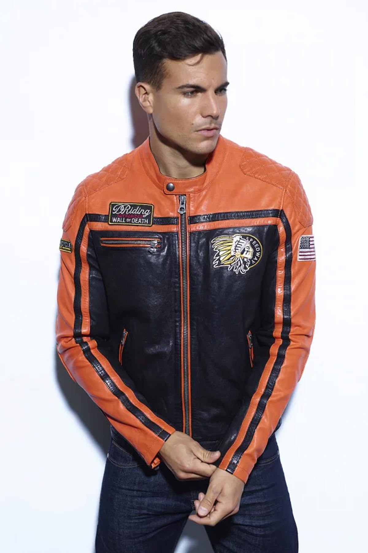 Orange and black motor-style leather jacket - Image n°3