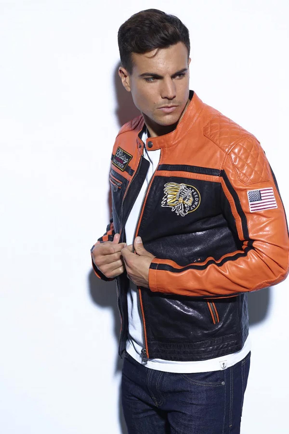 Orange and black motor-style leather jacket - Image n°4